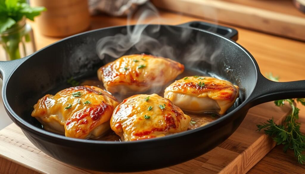 Browning the chicken thighs in a cast iron skillet