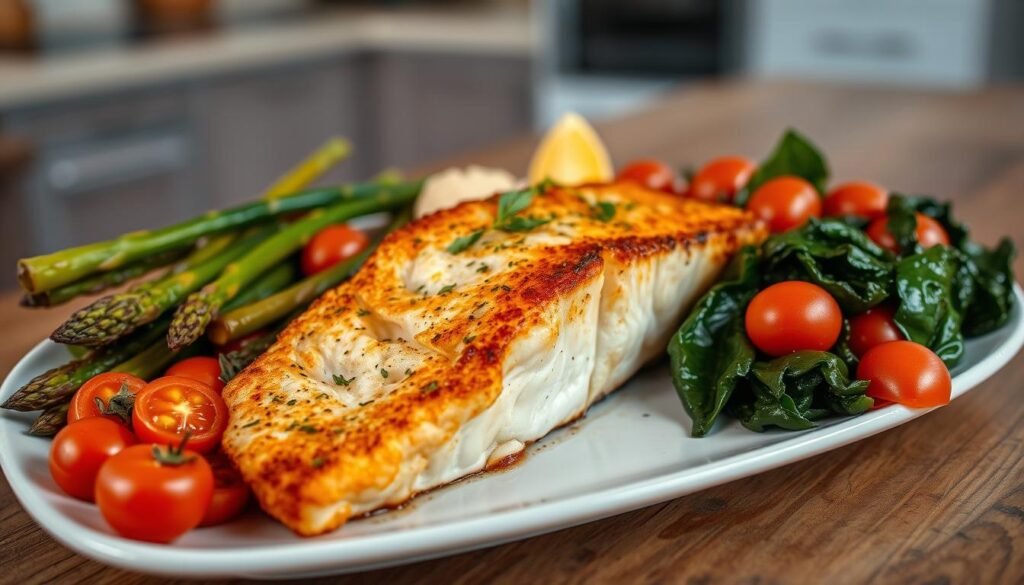 fried salmon with vegetable sides