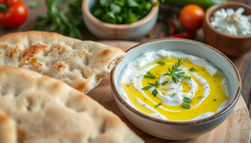 pita bread and taziki dip