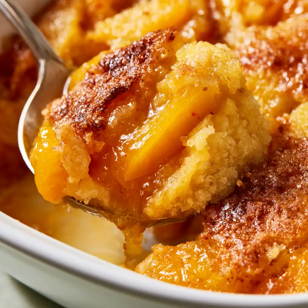Close-up of juicy peaches and golden buttery cake topping
