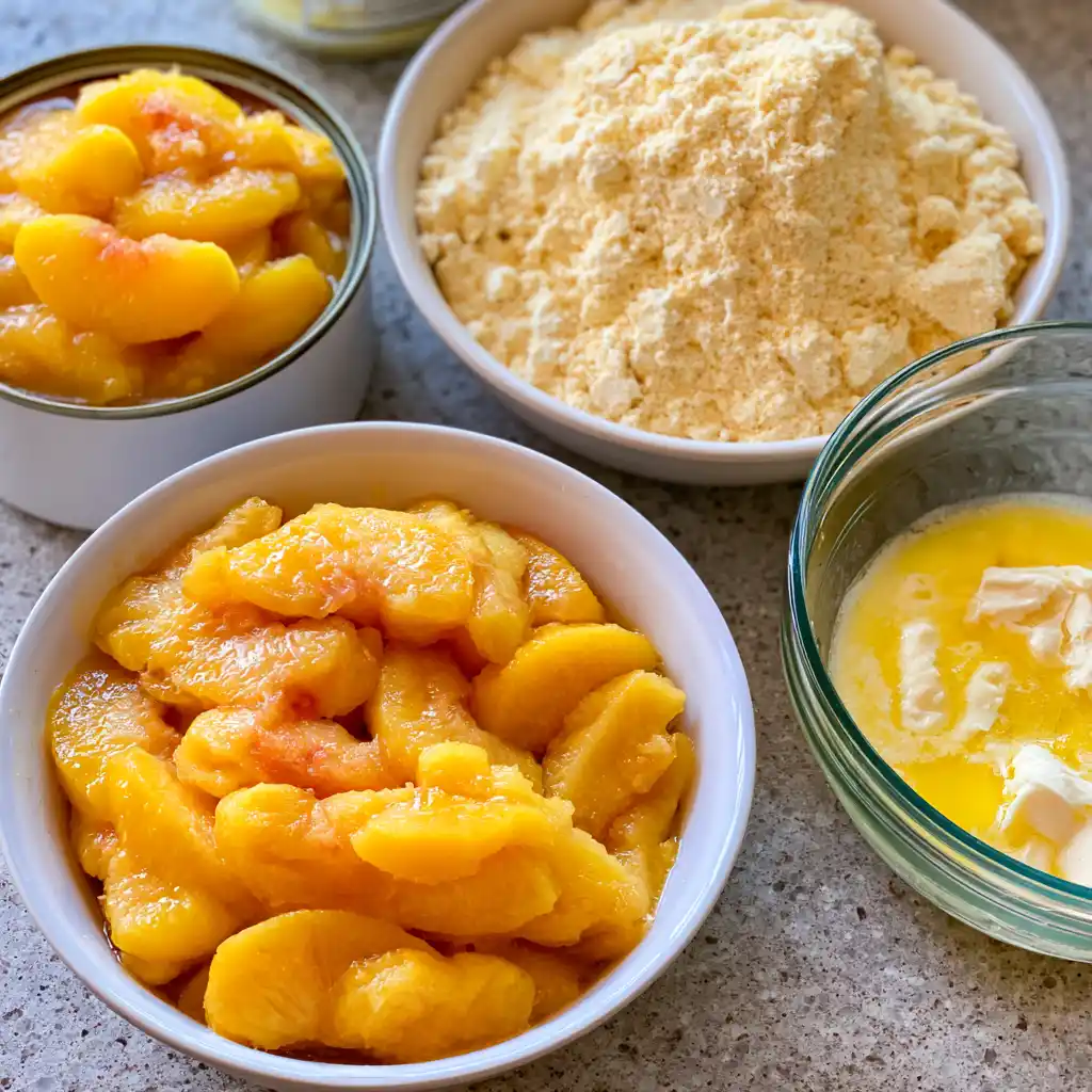 Canned peaches, yellow cake mix and butter for 3-Ingredient Peach Dump Cake