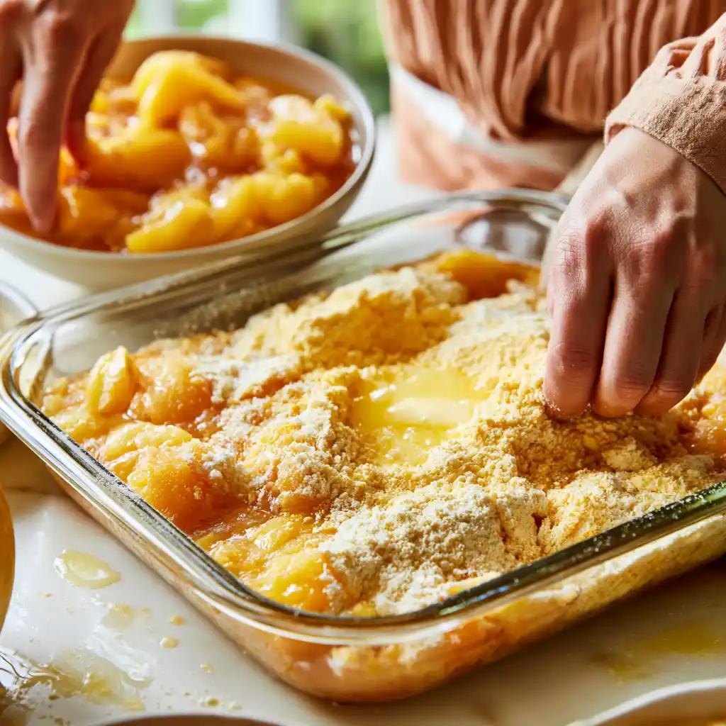 Preparing peach dump cake by layering peaches, dry cake mix and butter in a baking dish