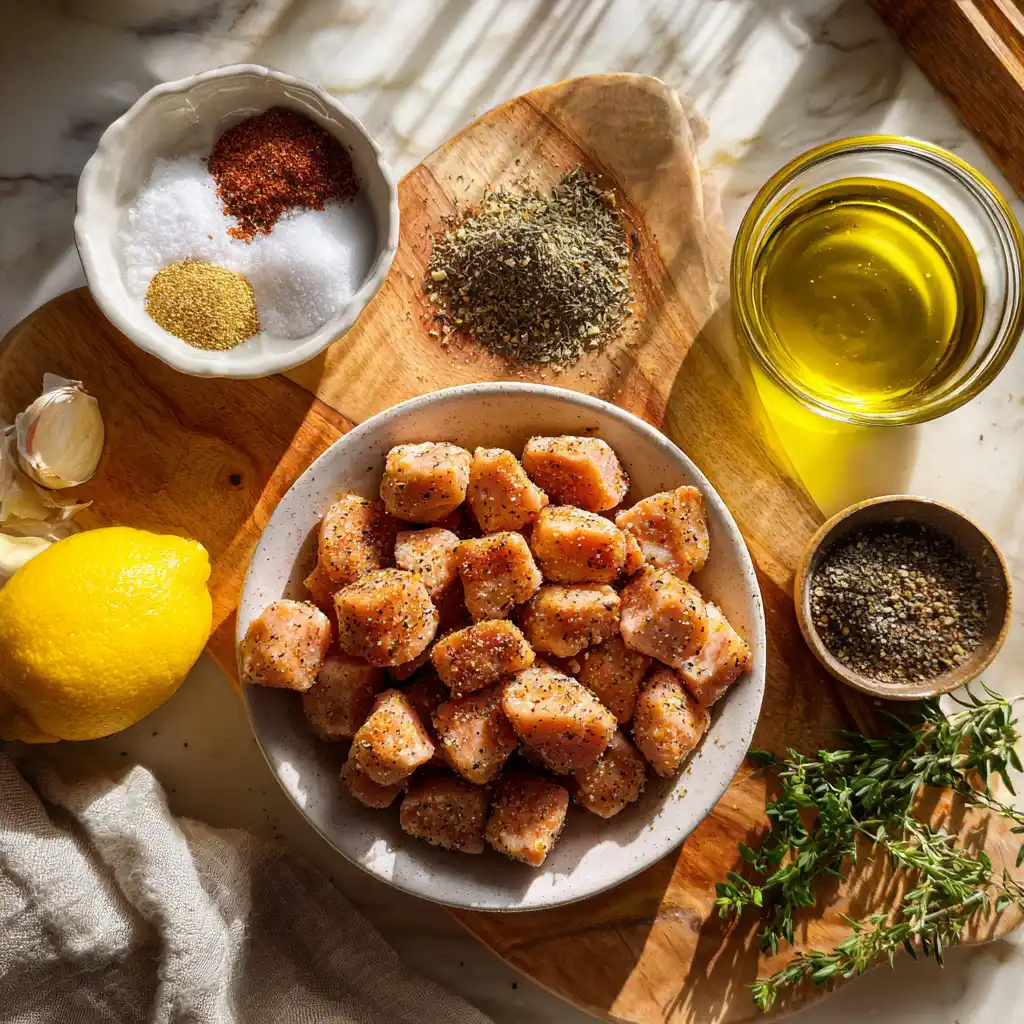Ingredients for air fryer chicken bites without breading including diced chicken, olive oil, paprika, garlic powder, onion powder, herbs, salt, and pepper