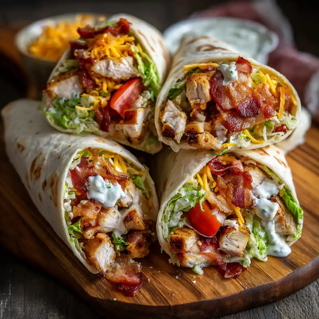 Chicken Bacon Ranch Wraps filled with seasoned chicken, crispy bacon, cheddar cheese, lettuce, tomato, red onion and creamy ranch dressing