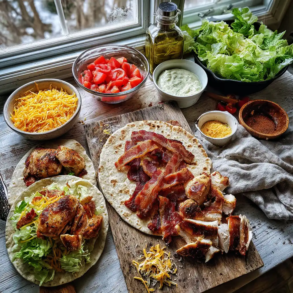 Ingredients for Chicken Bacon Ranch Wraps including chicken breast, bacon, cheddar cheese, flour tortillas, romaine lettuce, tomato, red onion and ranch dressing