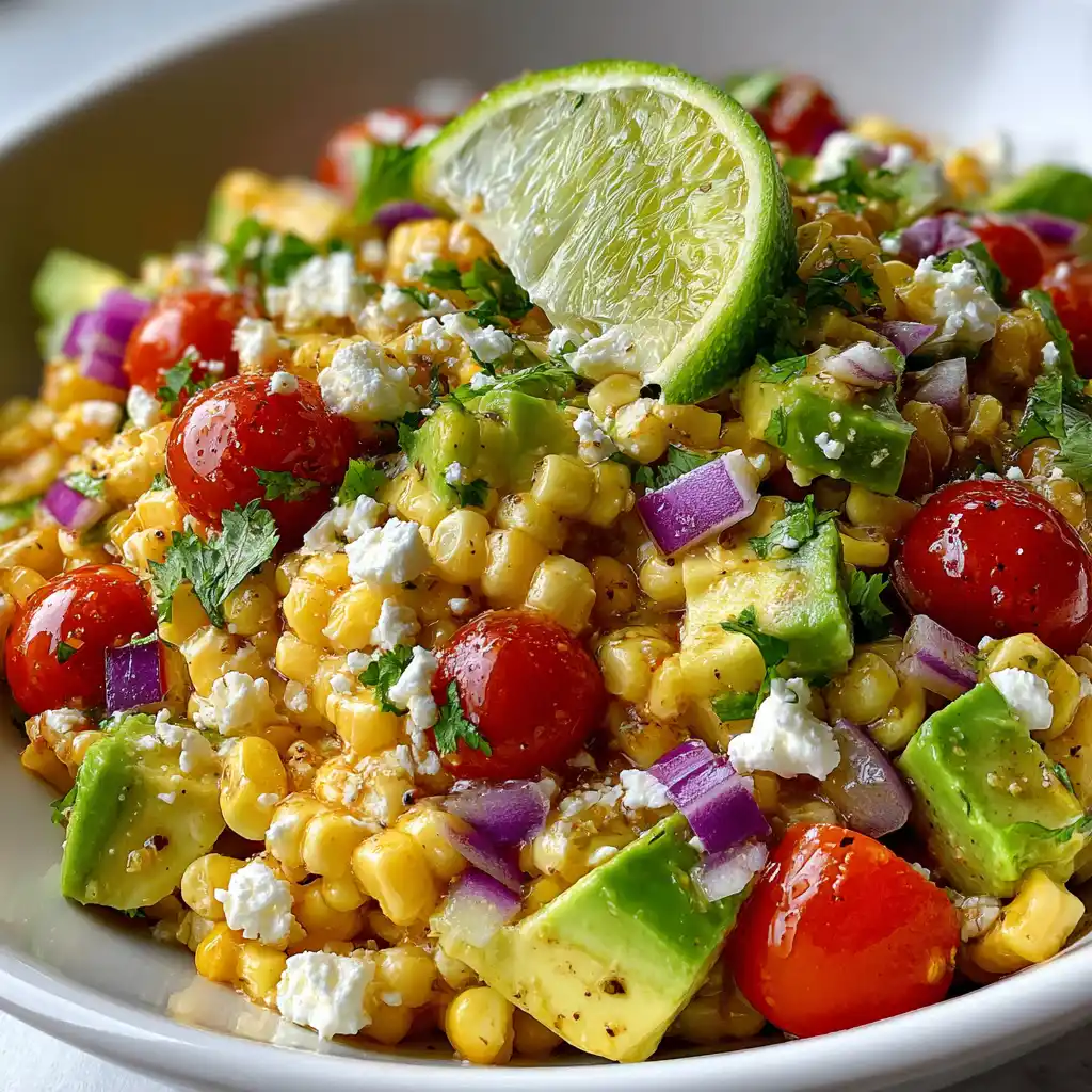 Close-up of fresh corn salad with creamy feta, cilantro, red onion, jalapeño, and lime dressing