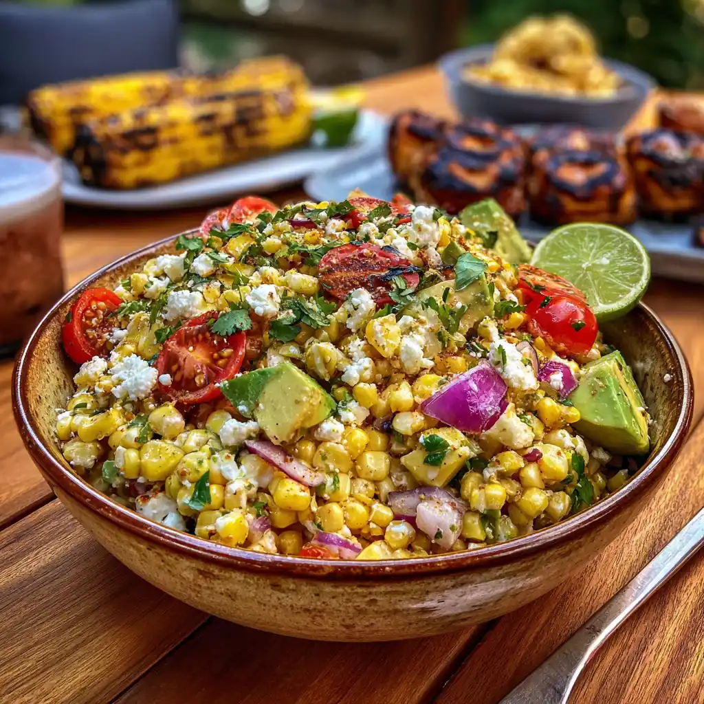 Fresh corn salad with feta and lime served with red onion, cilantro, and a bright citrus dressing