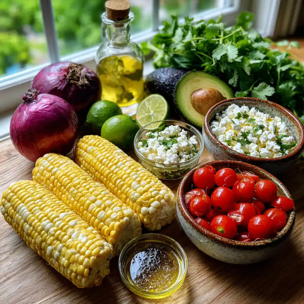 Fresh ingredients for corn salad including sweet corn, feta cheese, lime, red onion, cilantro, and olive oil