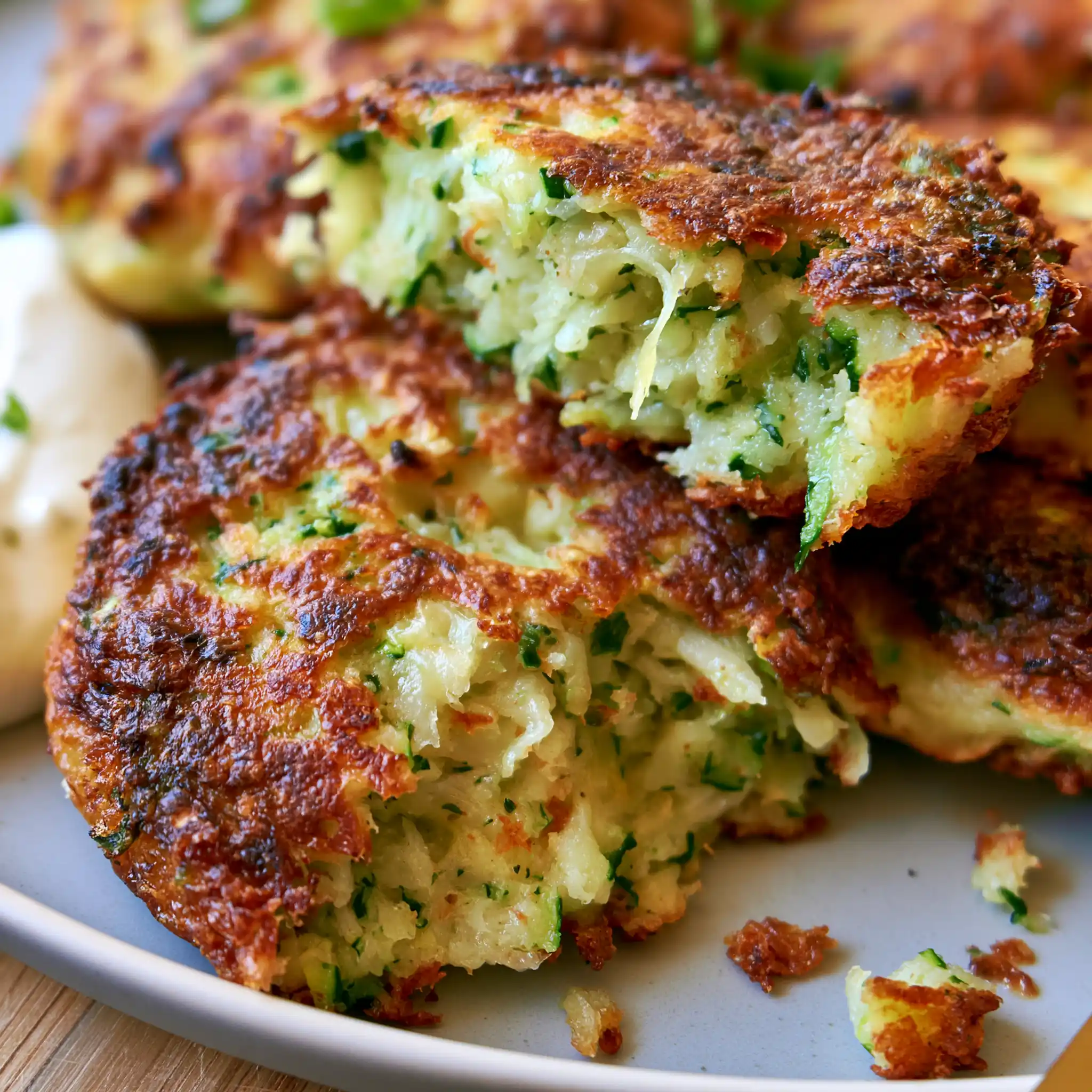 Close-up of crispy zucchini fritters with browned edges and a tender herb-filled center