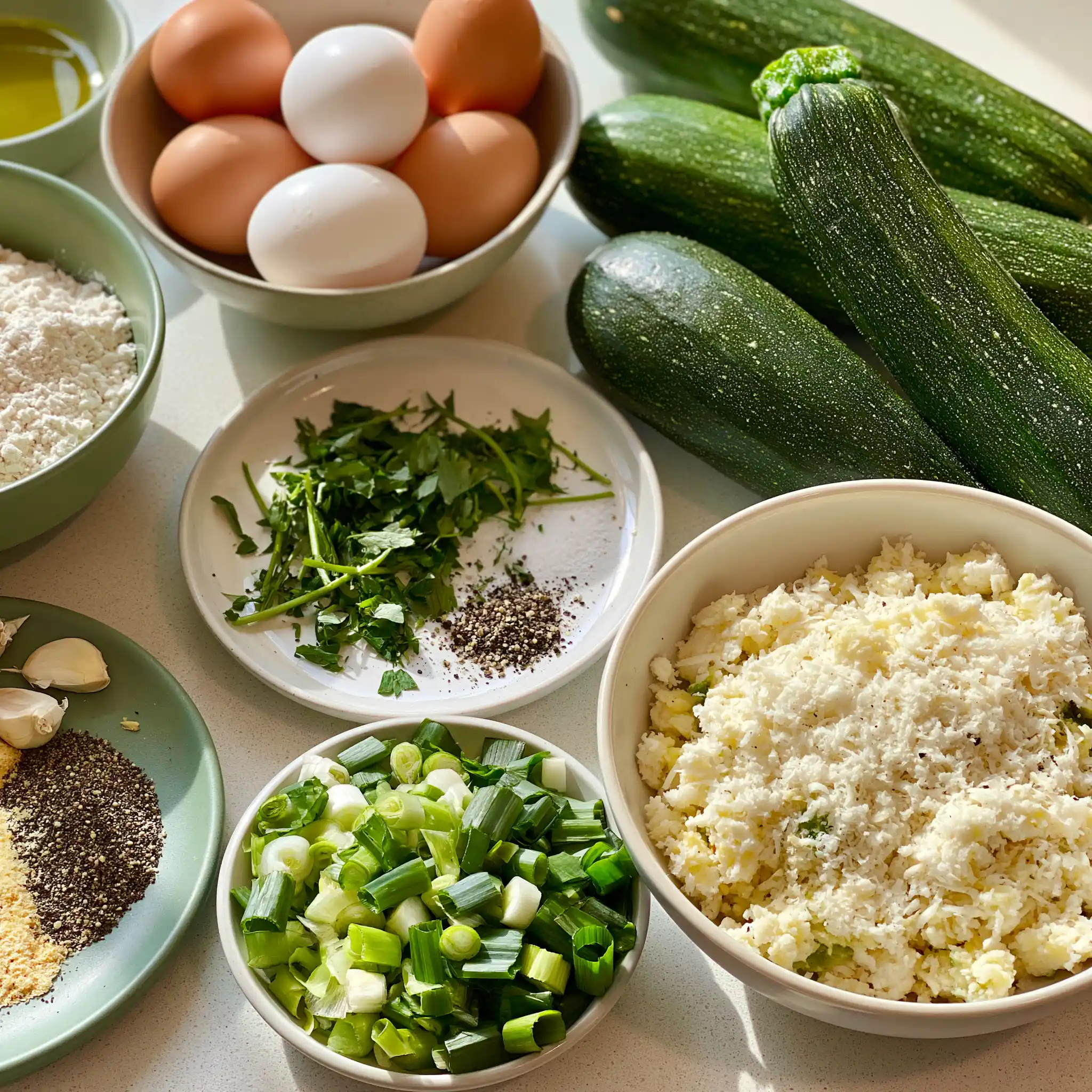 Ingredients for crispy zucchini fritters including zucchini, eggs, flour, Parmesan, garlic, green onions and parsley