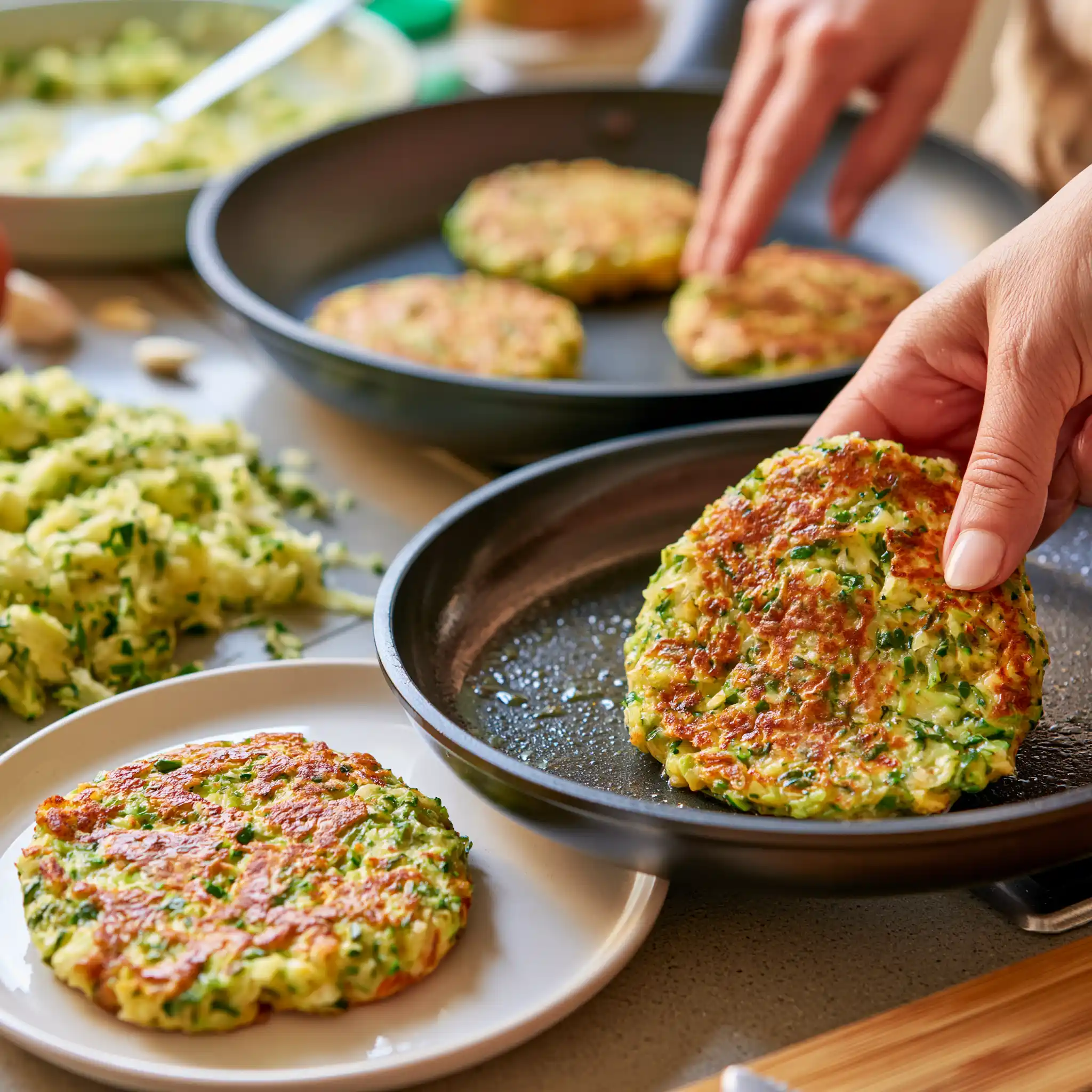 Hands preparing zucchini fritter batter with grated zucchini, Parmesan, eggs and fresh herbs