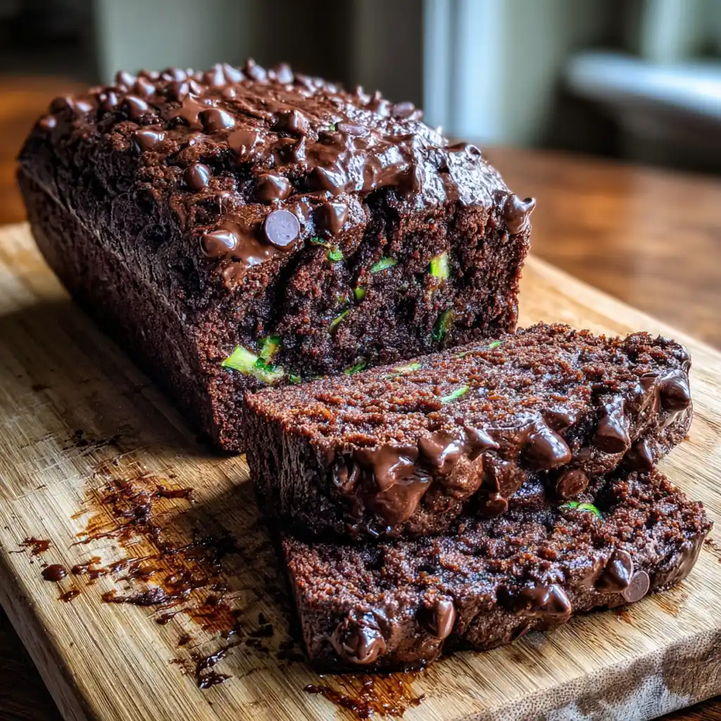 Finished Double Chocolate Zucchini Bread loaf sliced to show a moist cocoa crumb and chocolate chips