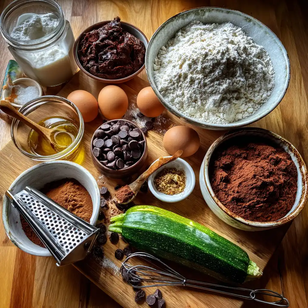 Flour, cocoa powder, zucchini, eggs, oil, sugars and chocolate chips for Double Chocolate Zucchini Bread
