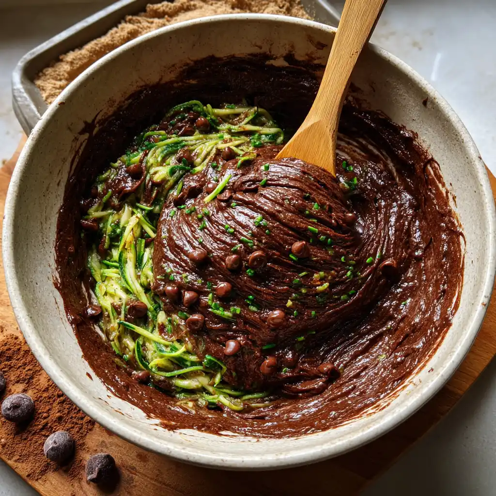 Thick chocolate zucchini bread batter being folded in a mixing bowl during preparation