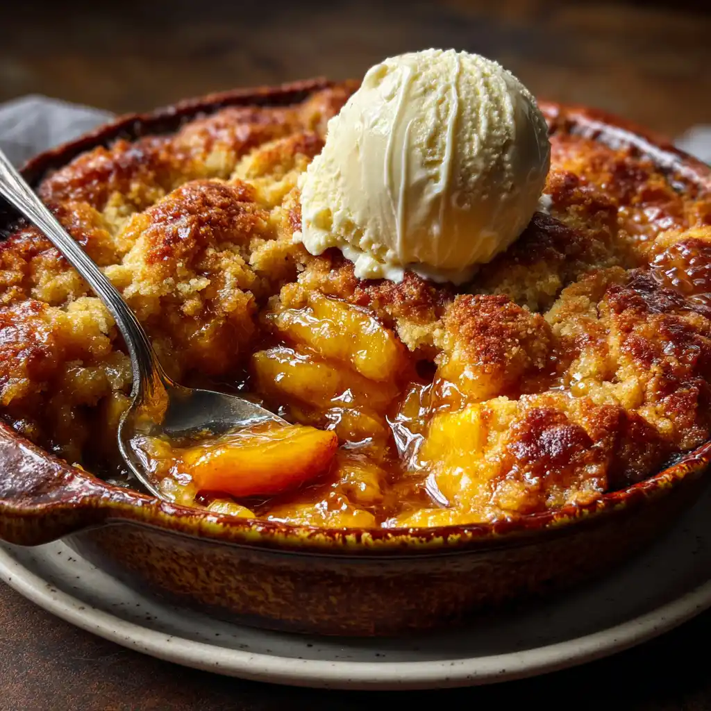 Close-up of warm Easy Peach Cobbler with golden buttery topping and juicy peaches