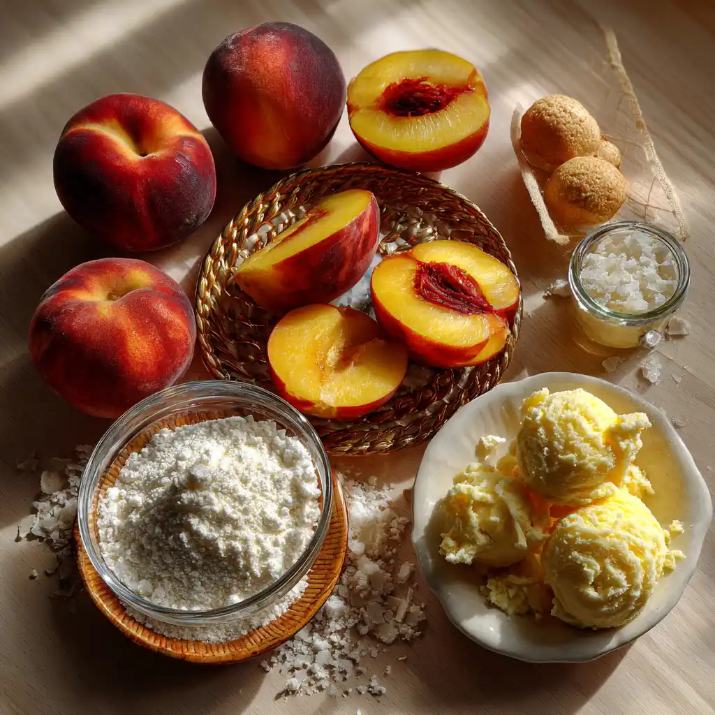 Four simple ingredients needed to prepare an easy homemade peach cobbler dessert