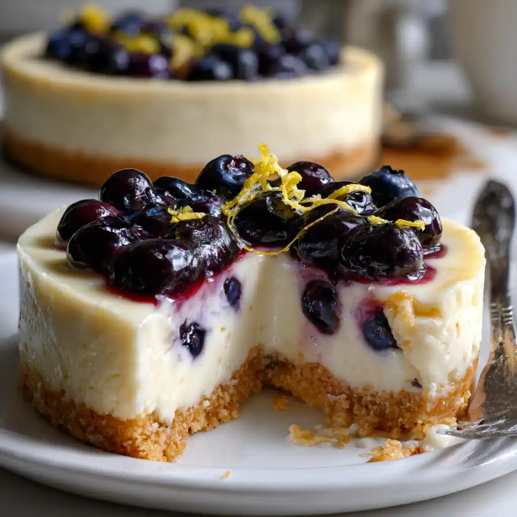 Close-up slice of creamy No-Bake Lemon Blueberry Cheesecake with glossy blueberry topping