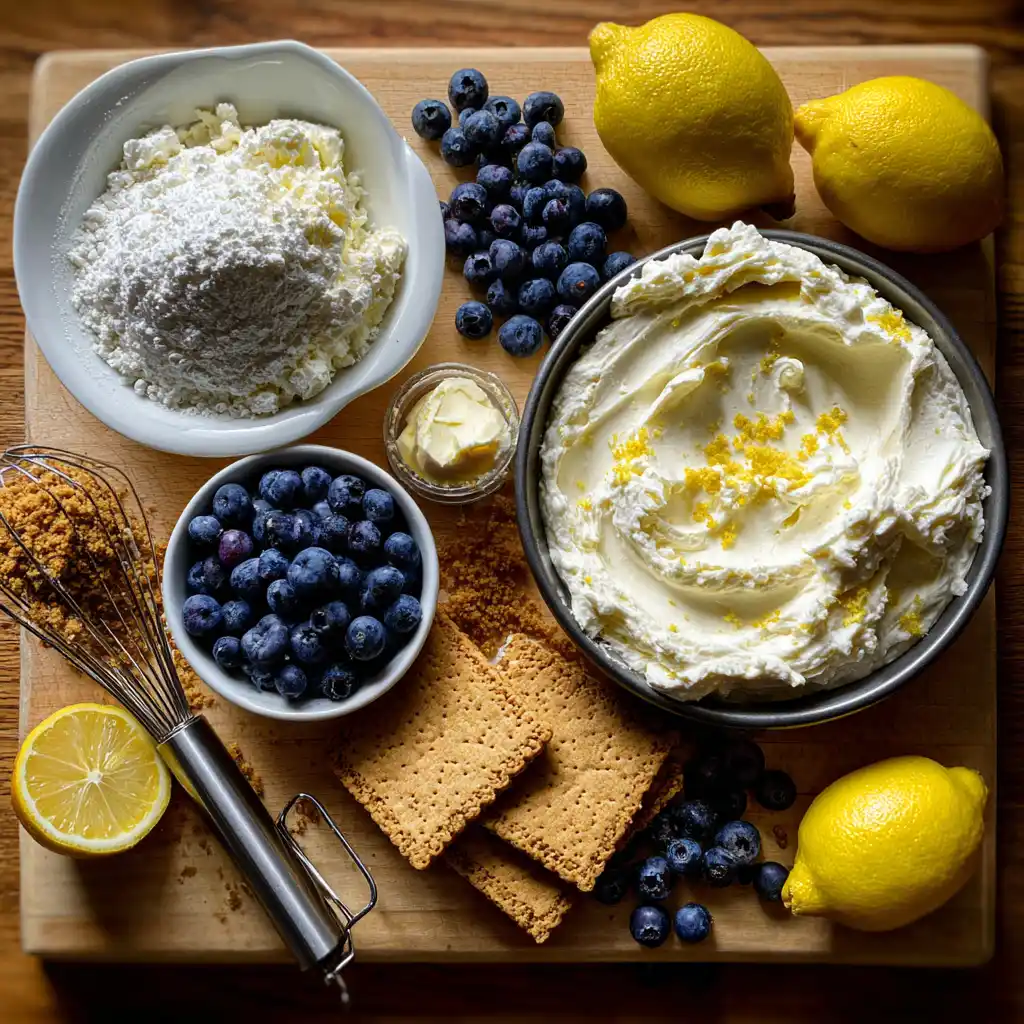 Cream cheese, blueberries, lemons, graham crackers and cream for No-Bake Lemon Blueberry Cheesecake