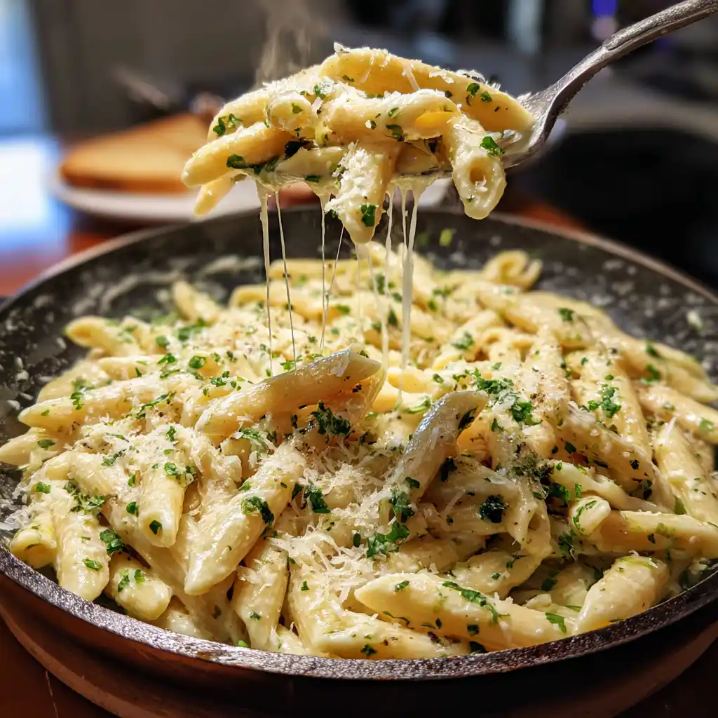 Close-up of One-Pot Creamy Garlic Parmesan Pasta coated in a silky Parmesan sauce with parsley and black pepper