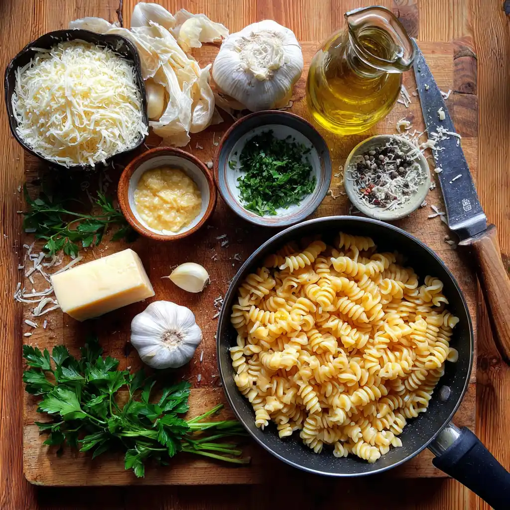 Ingredients for One-Pot Creamy Garlic Parmesan Pasta including dry pasta, garlic, butter, broth, milk, cream, Parmesan, herbs, salt, and pepper