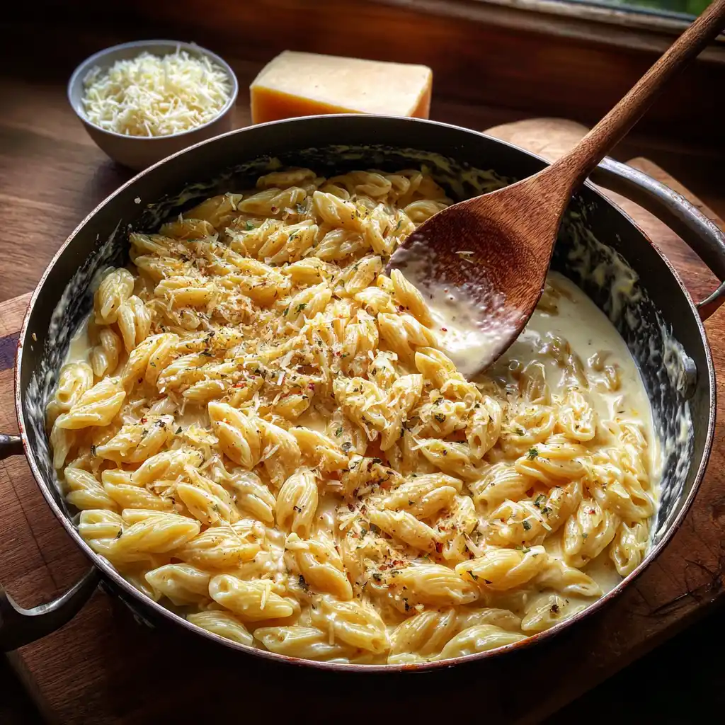 One-Pot Creamy Garlic Parmesan Pasta being prepared in a wide pan as the noodles simmer in garlic-infused broth and milk