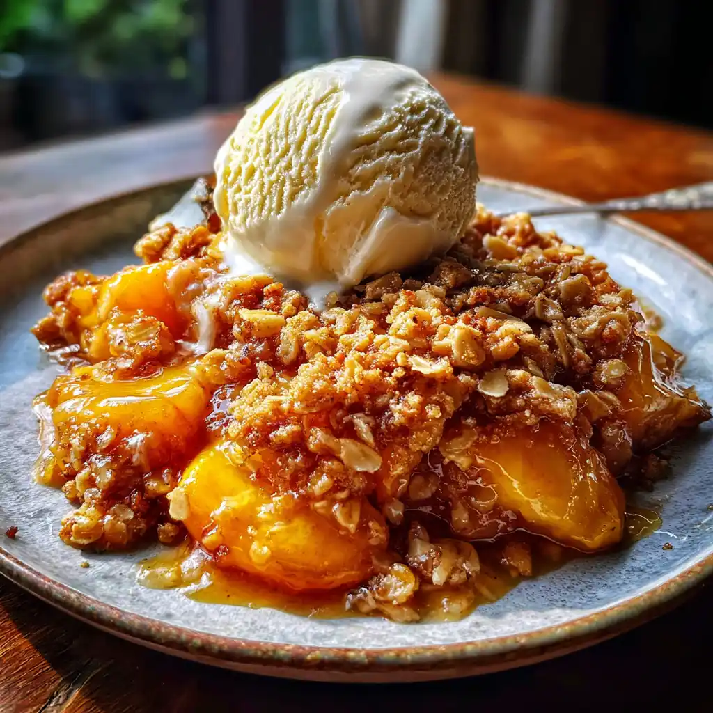 Close-up of warm peach crisp with tender peach slices, bubbling fruit juices, and crunchy golden oat topping