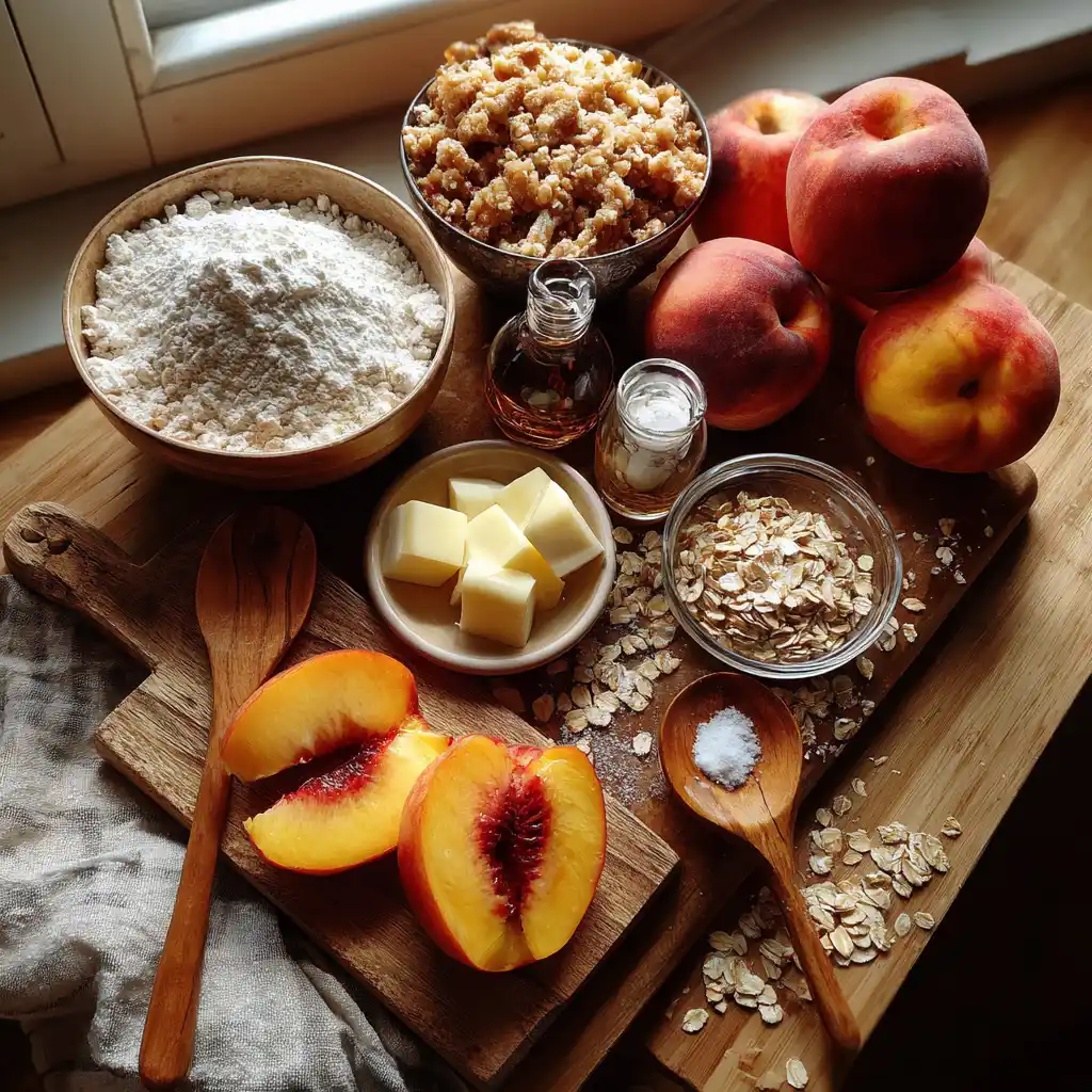 Ingredients for peach crisp with oat topping, including sliced peaches, rolled oats, flour, brown sugar, cinnamon, and butter