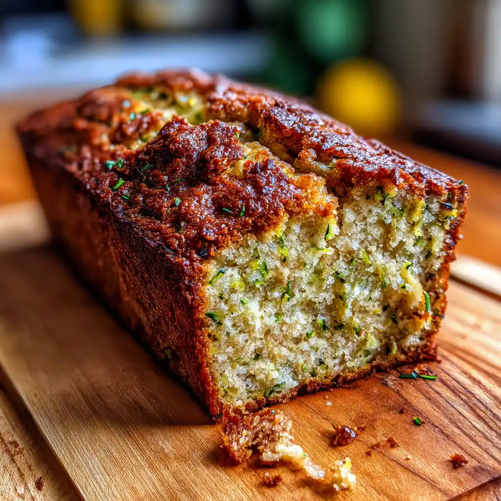 Close-up of moist zucchini bread slices showing a soft cinnamon crumb and delicate green zucchini flecks