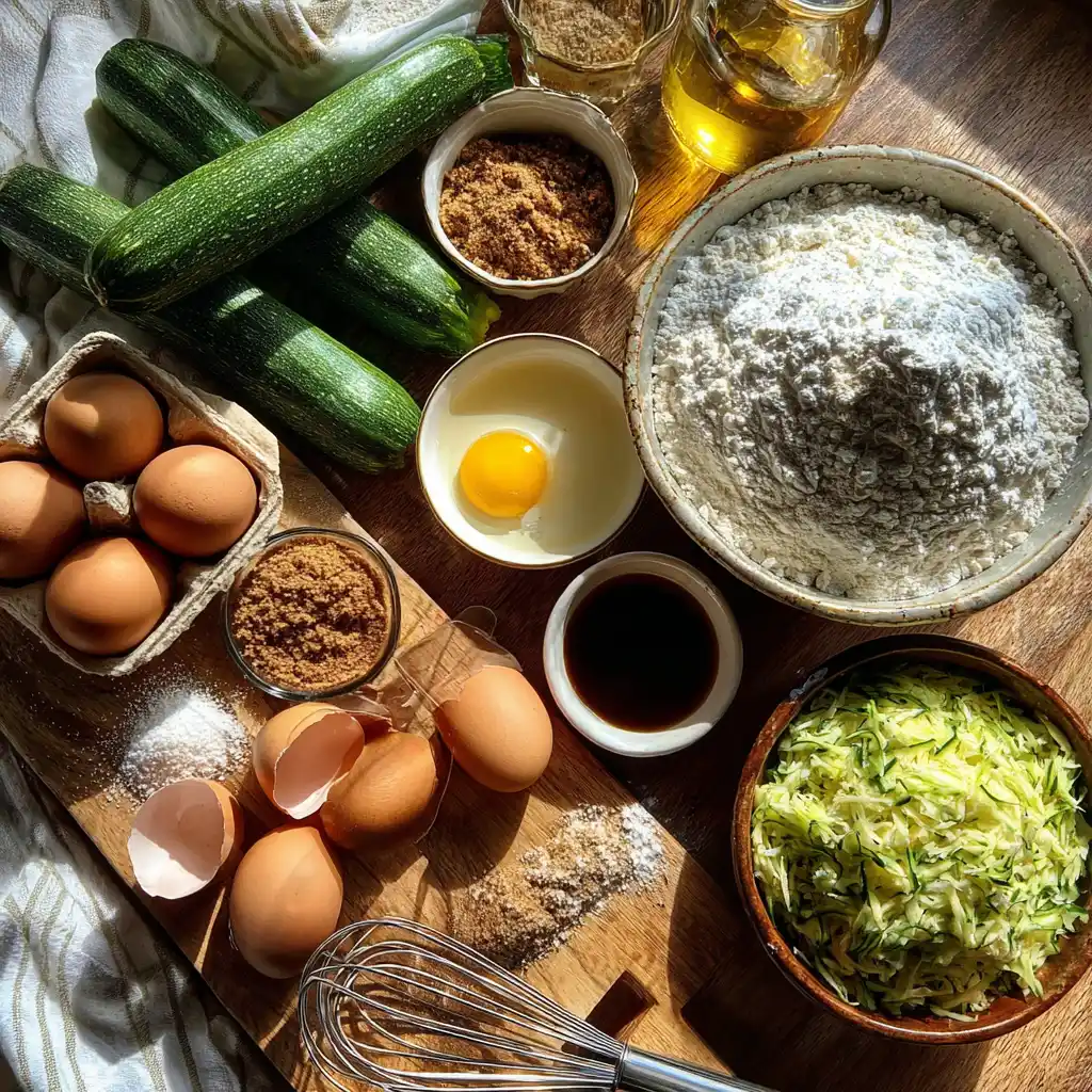Ingredients for moist zucchini bread including fresh zucchini, flour, eggs, brown sugar, oil, cinnamon, and vanilla