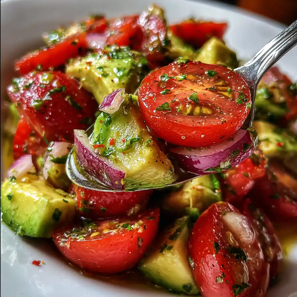 Close-up of creamy avocado, juicy tomatoes and crisp cucumber coated in lemon-herb dressing