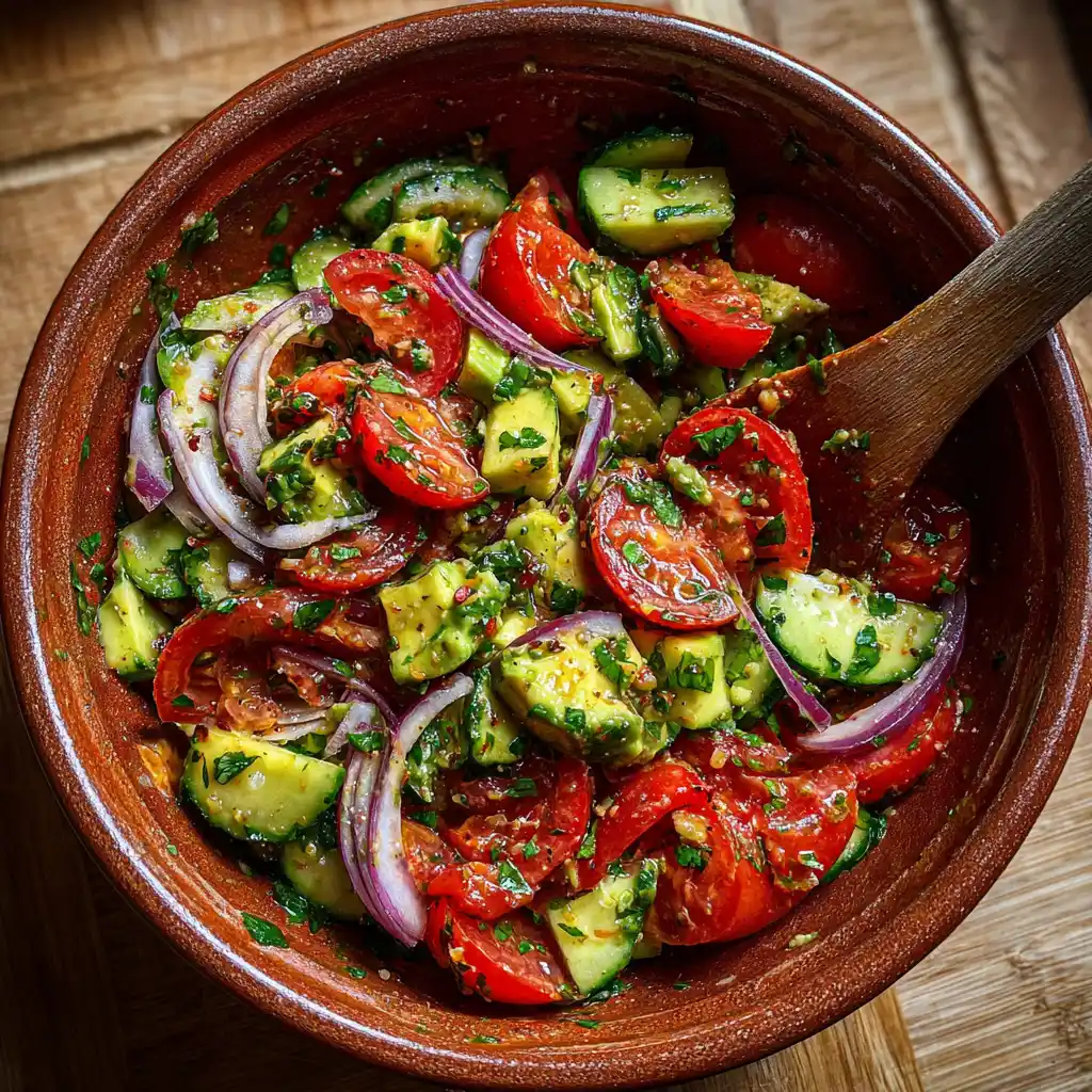 Tomato Cucumber Avocado Salad being gently prepared with chopped vegetables and lemon-herb dressing