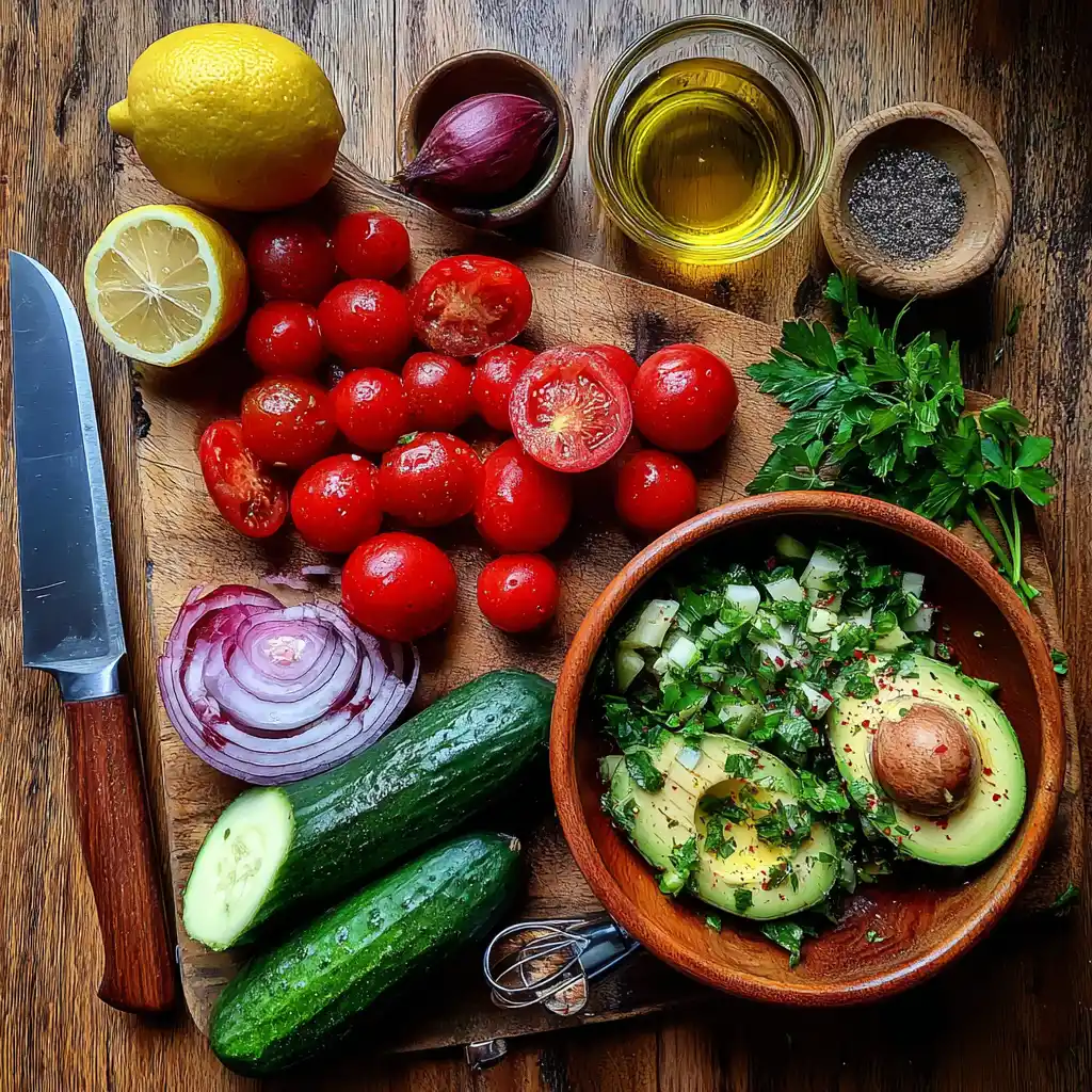 Ingredients for Tomato Cucumber Avocado Salad including tomatoes, cucumber, avocados, red onion, herbs, lemon and olive oil