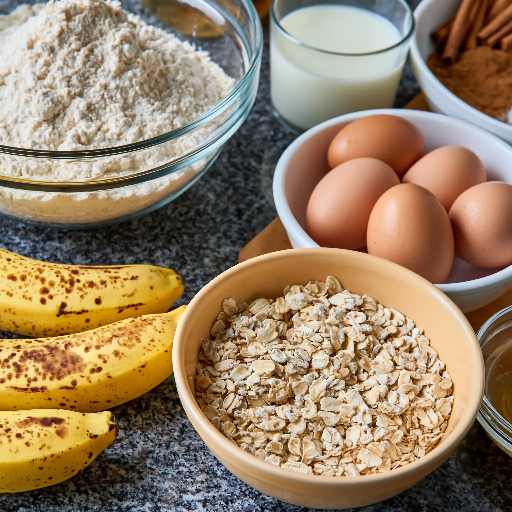 Ingredients for Banana Oatmeal Muffins including ripe bananas, oats, flour, eggs, butter, milk and cinnamon