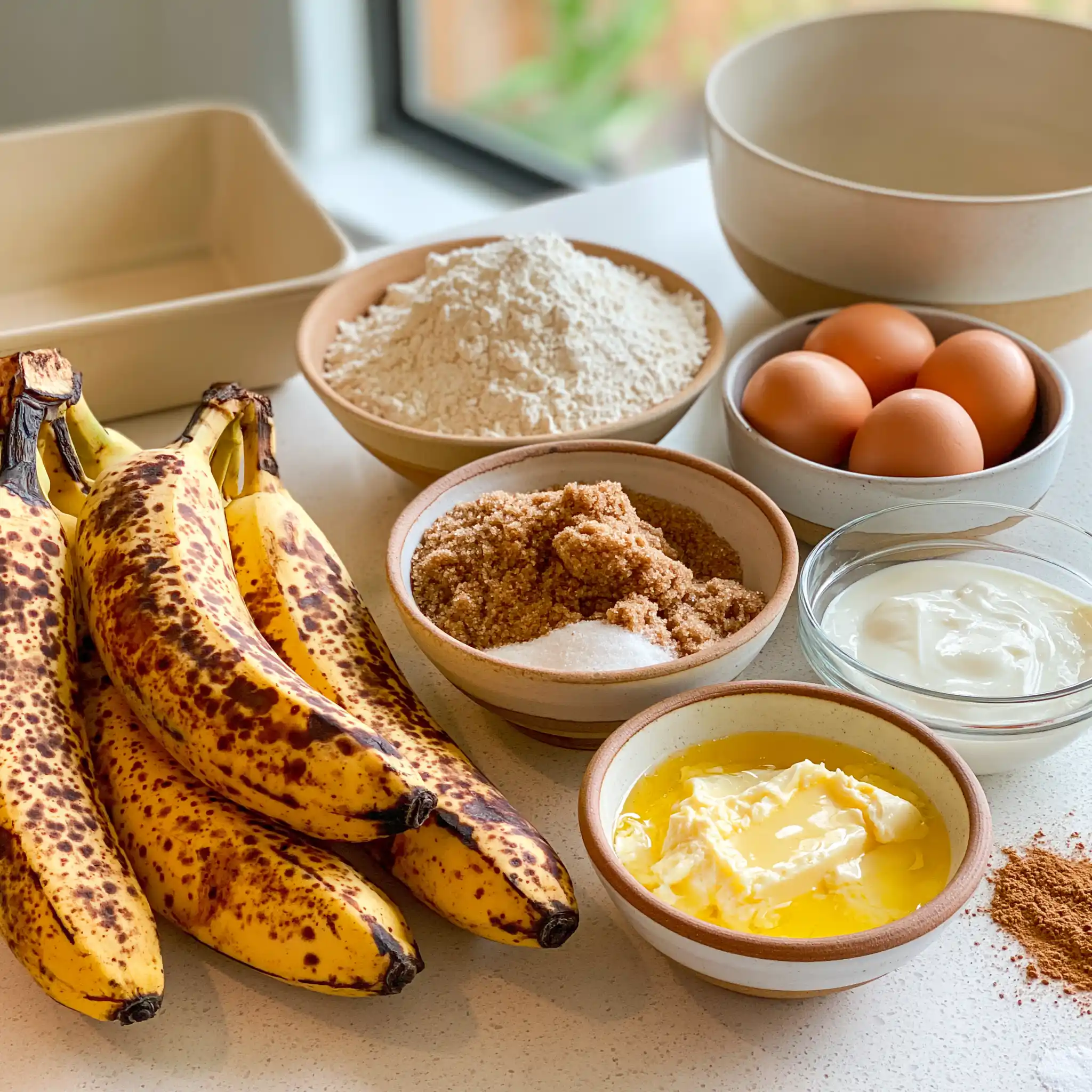 Ripe bananas, flour, brown sugar, eggs, butter, yogurt, vanilla, cinnamon, and baking soda