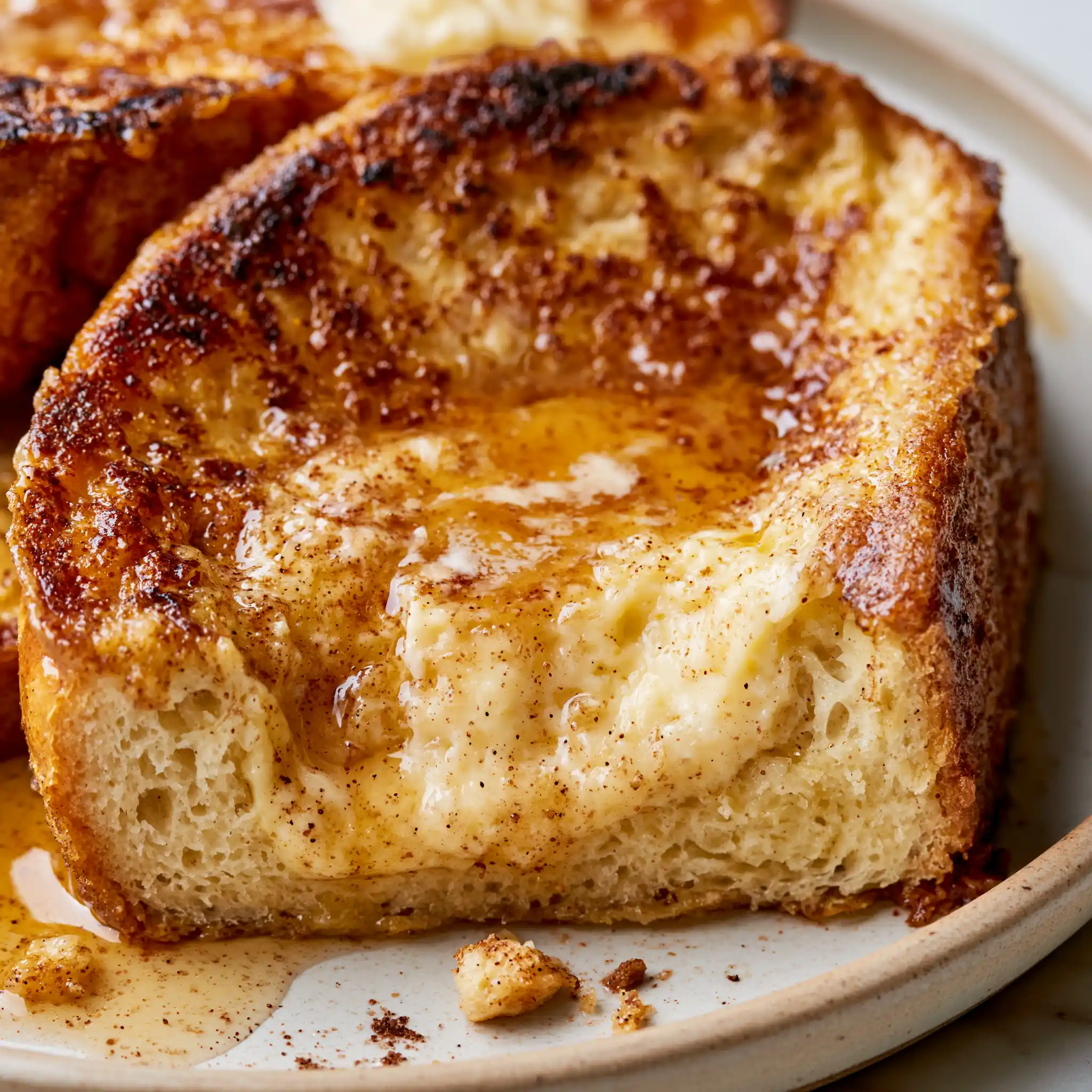 Close-up of Classic French Toast showing a golden buttery surface and soft fluffy center