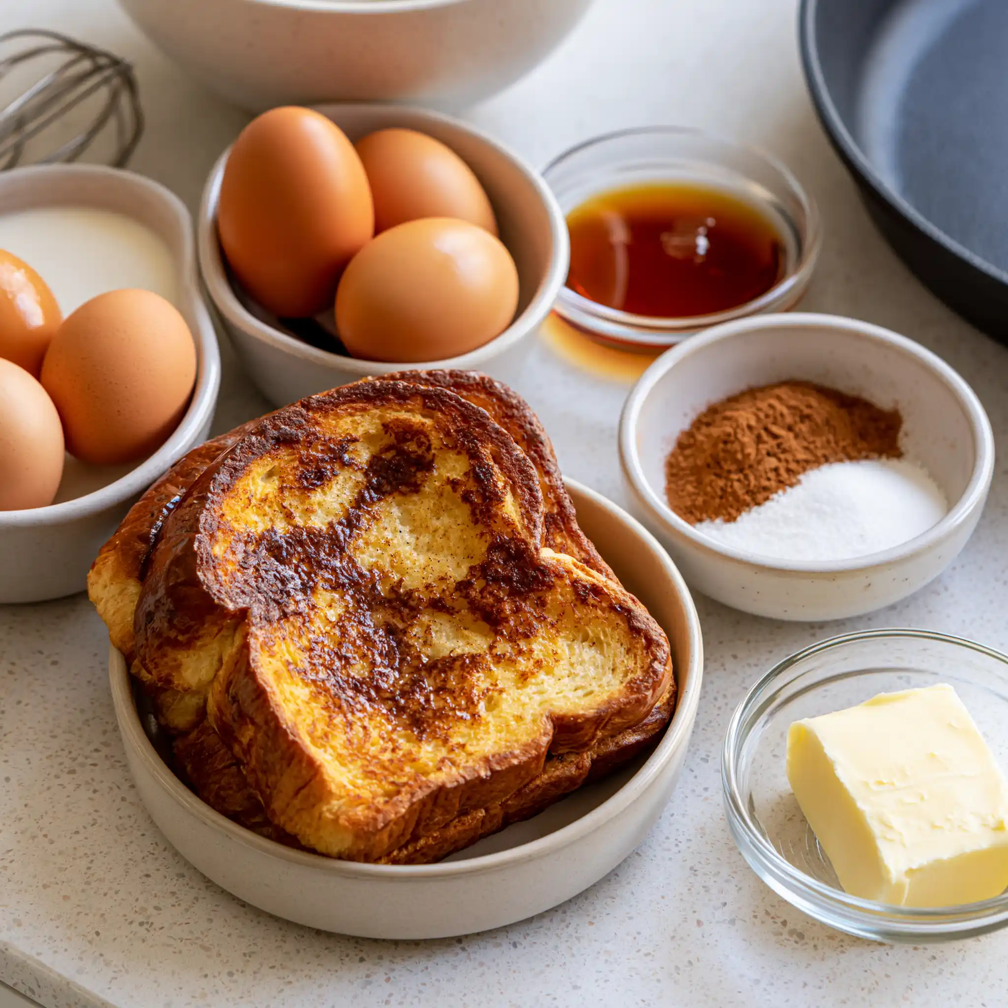 Ingredients for Classic French Toast including bread, eggs, milk, vanilla, cinnamon, sugar, salt and butter
