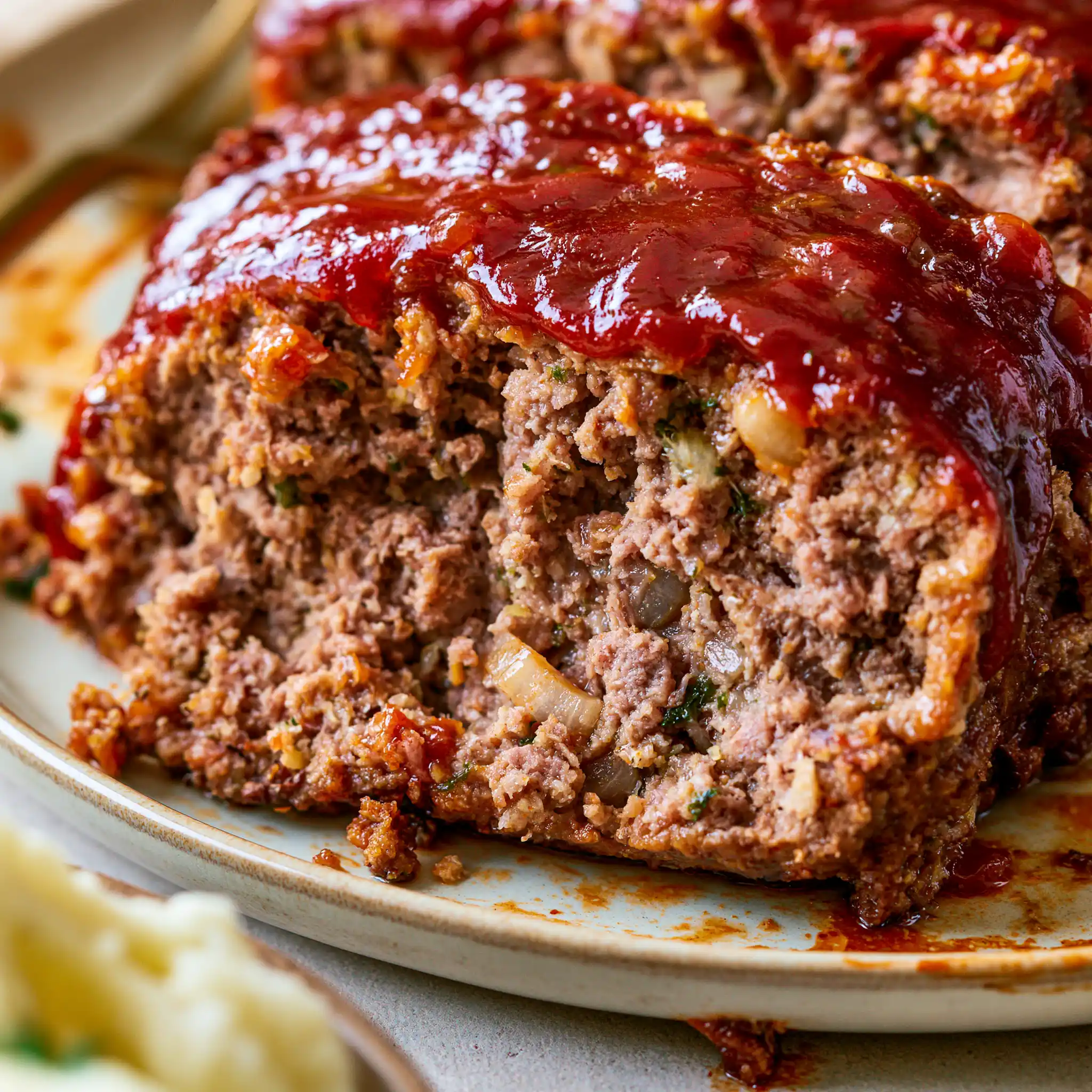 Close-up of a juicy slice of Classic Meatloaf with caramelized ketchup glaze