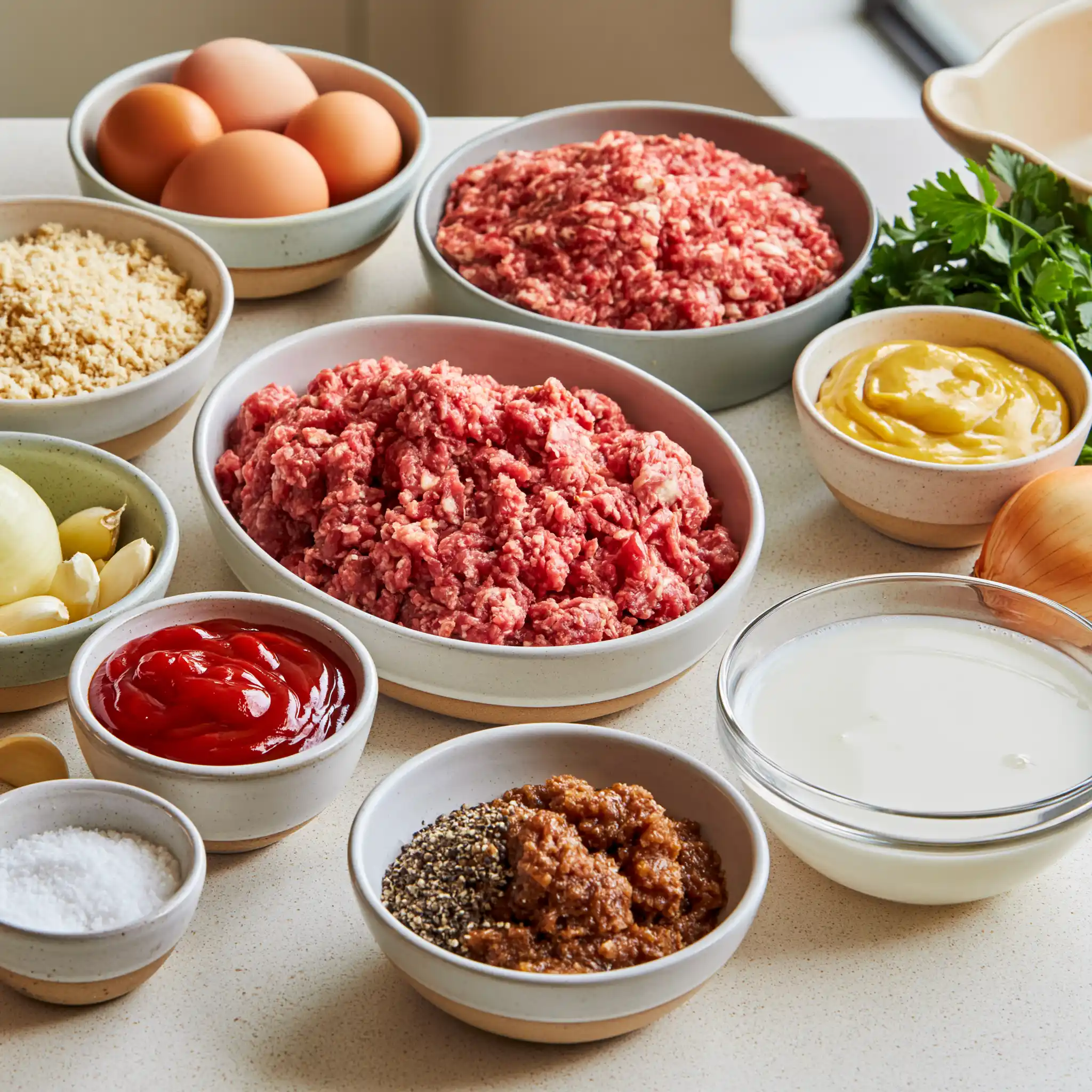 Ground beef, breadcrumbs, milk, eggs, onion, garlic, seasonings, ketchup, mustard, and glaze ingredients for Classic Meatloaf