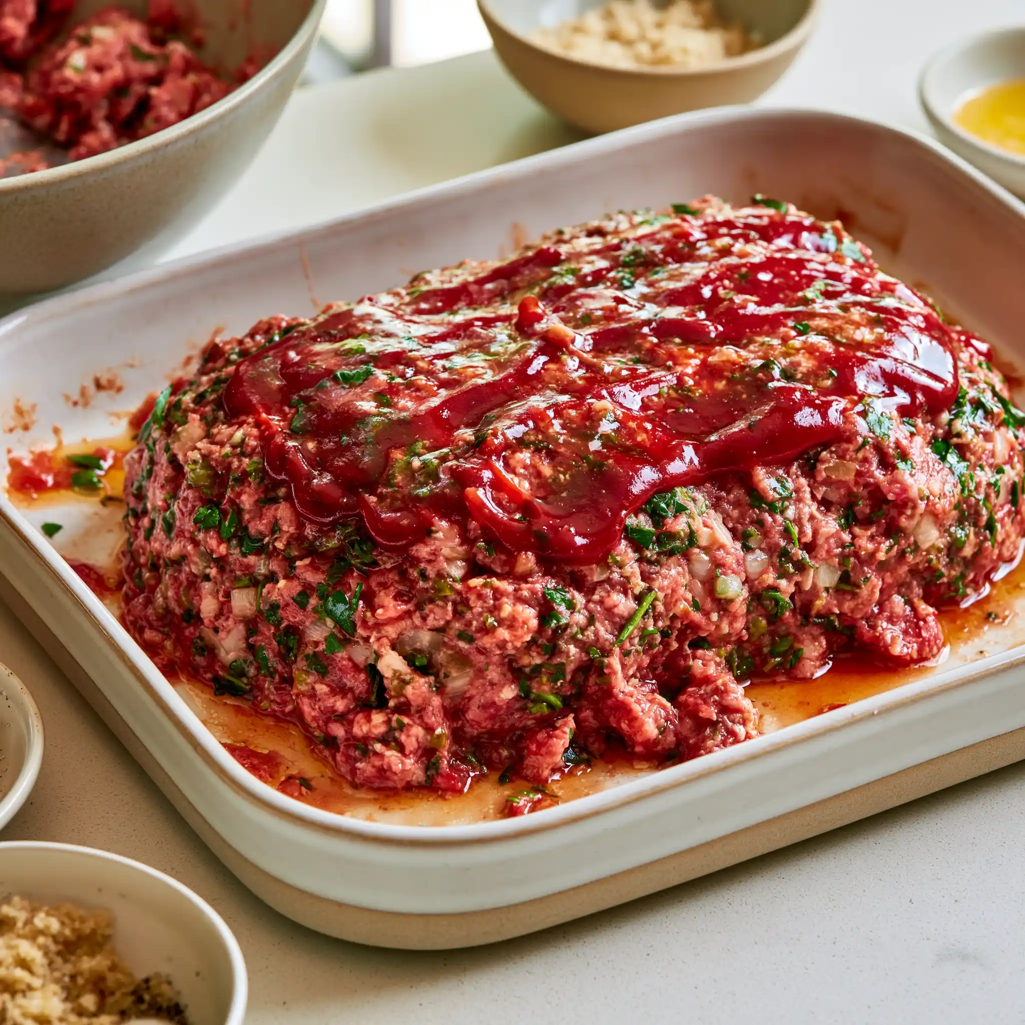 Classic Meatloaf mixture being gently shaped and prepared for glazing before baking