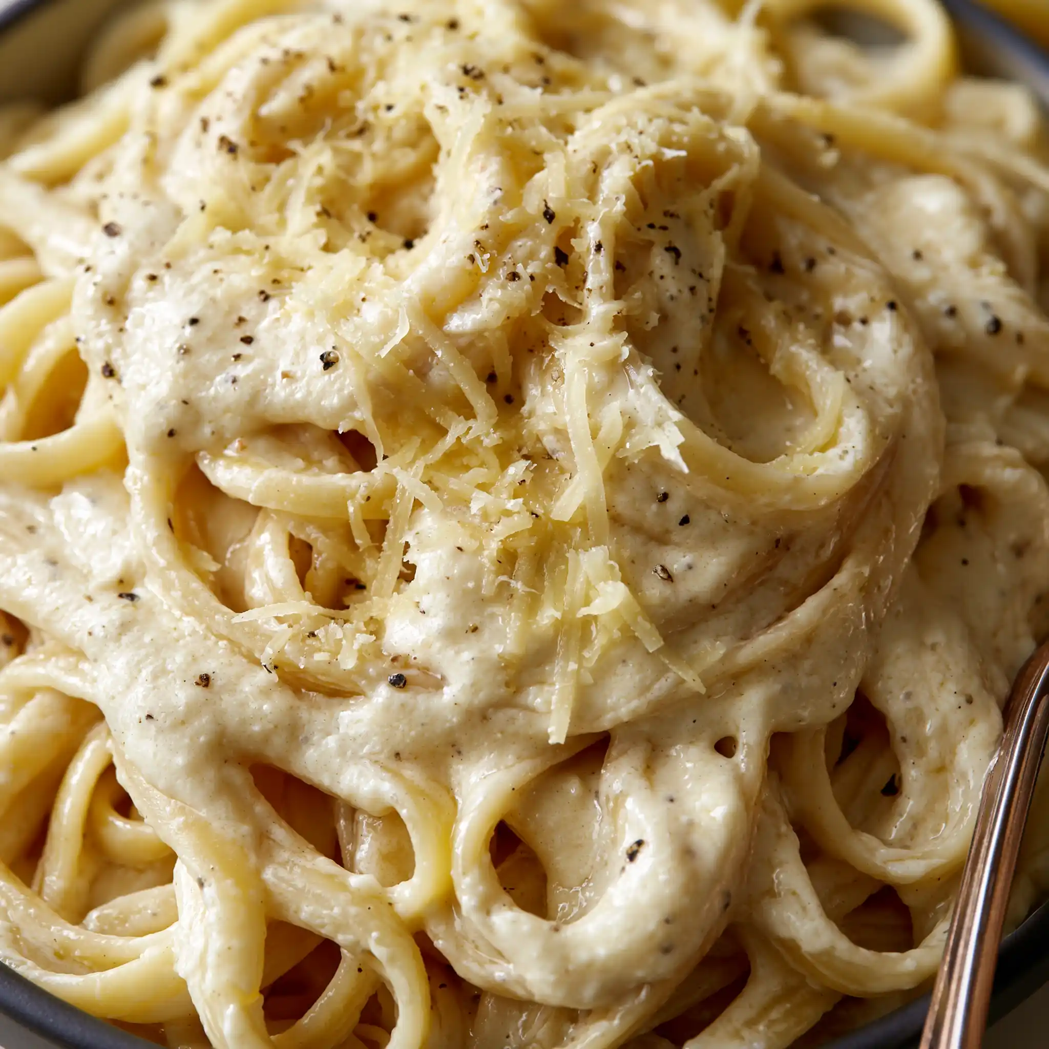 Close-up of silky homemade Alfredo sauce coating pasta with finely grated Parmesan