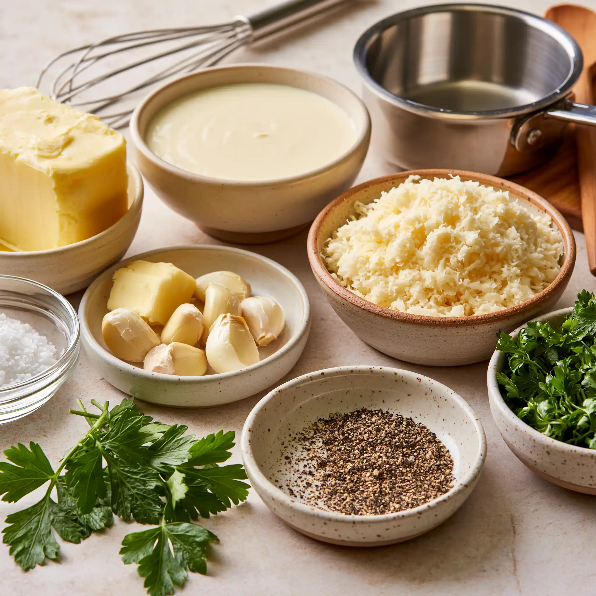 Butter, garlic, heavy cream, Parmesan, black pepper, salt and parsley for homemade Alfredo sauce