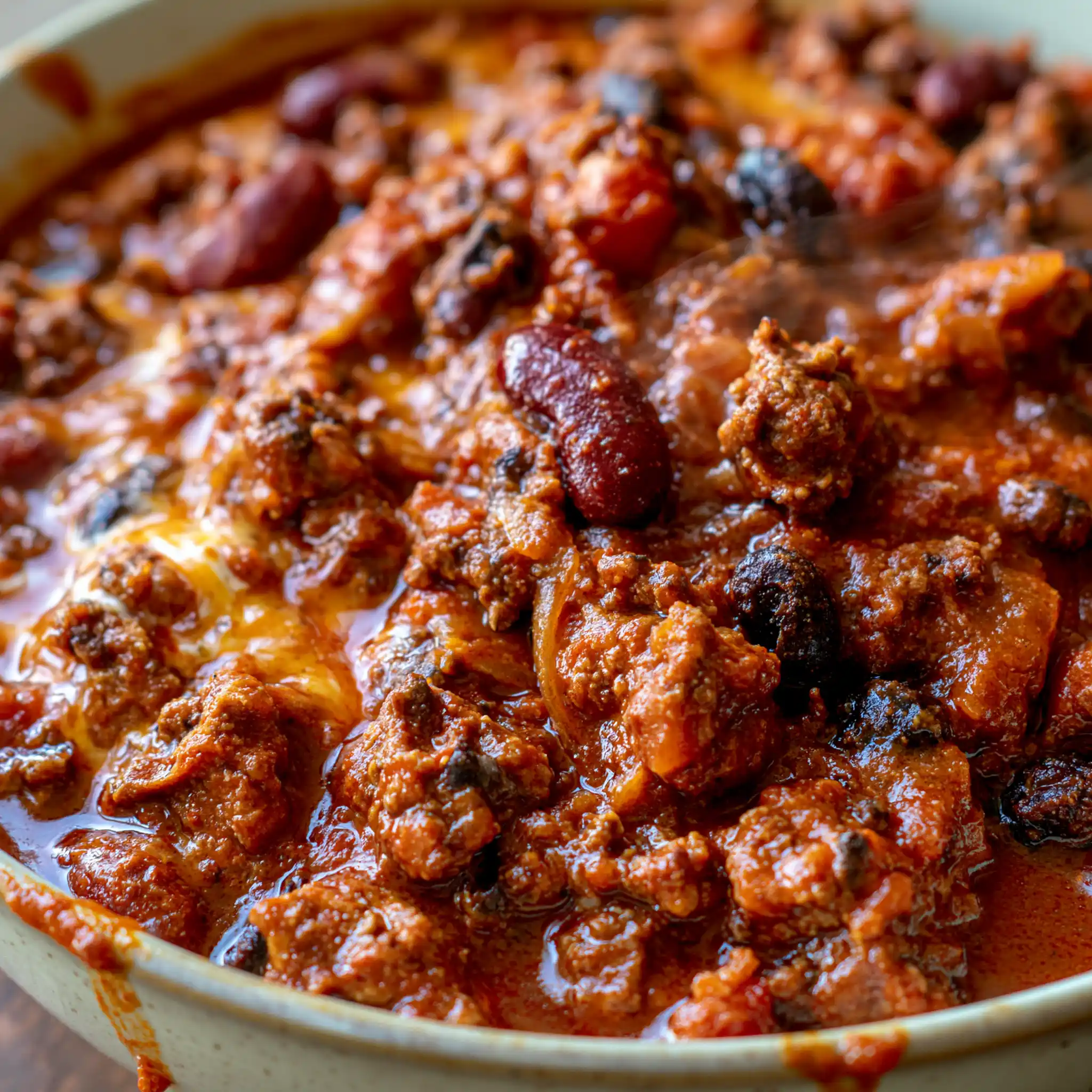Close-up of thick Easy Homemade Chili with browned beef, kidney beans, black beans, tomatoes, and melted cheddar