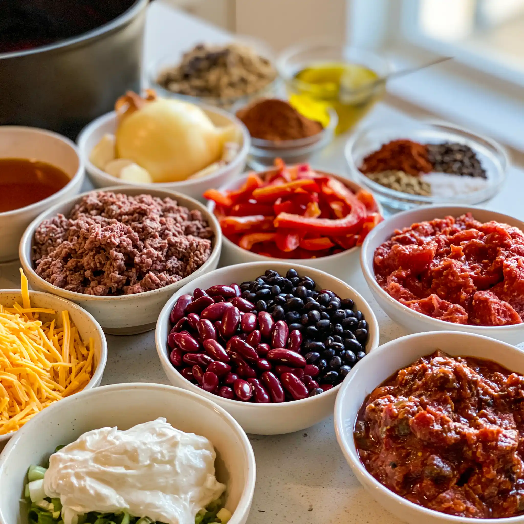 Ground beef, kidney beans, black beans, tomatoes, onion, bell pepper, garlic, broth, and spices for Easy Homemade Chili