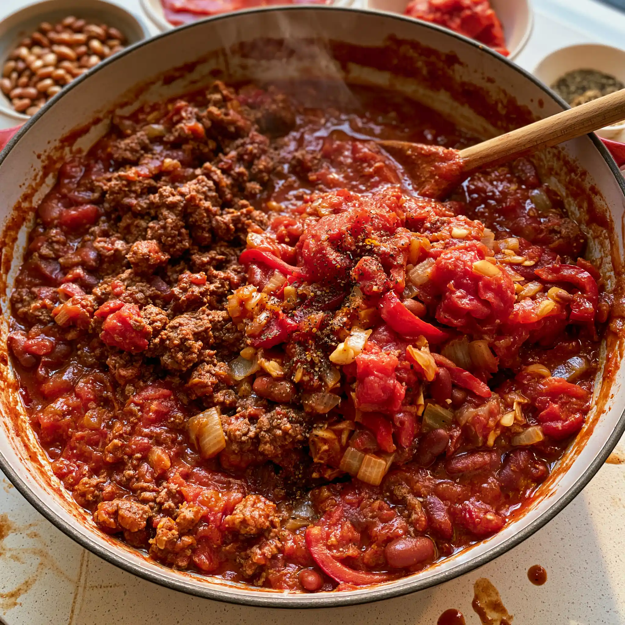 Easy Homemade Chili simmering in a Dutch oven as the ground beef, tomatoes, beans, and spices combine