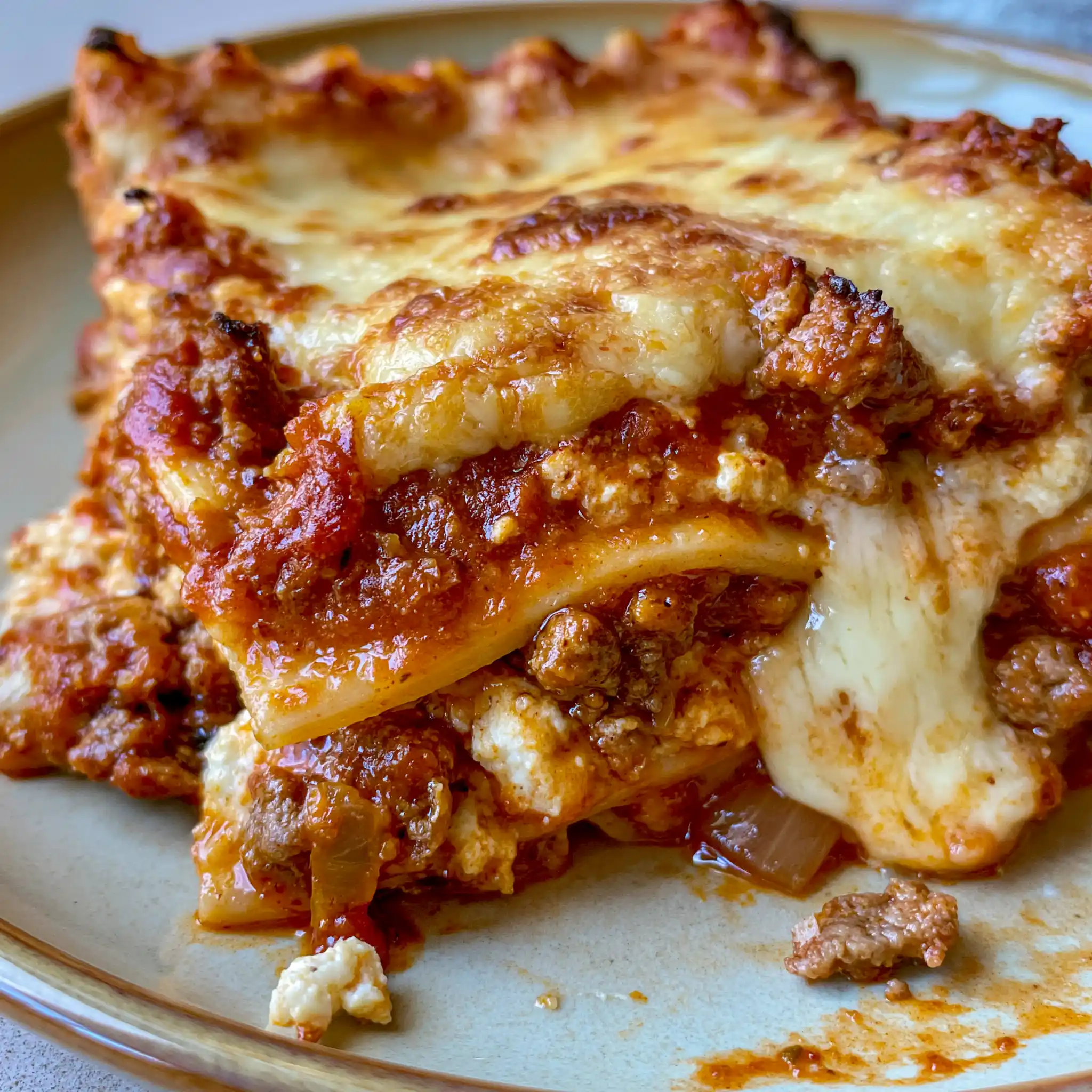 Close-up of homemade lasagna showing layers of pasta, meat sauce, ricotta and melted mozzarella