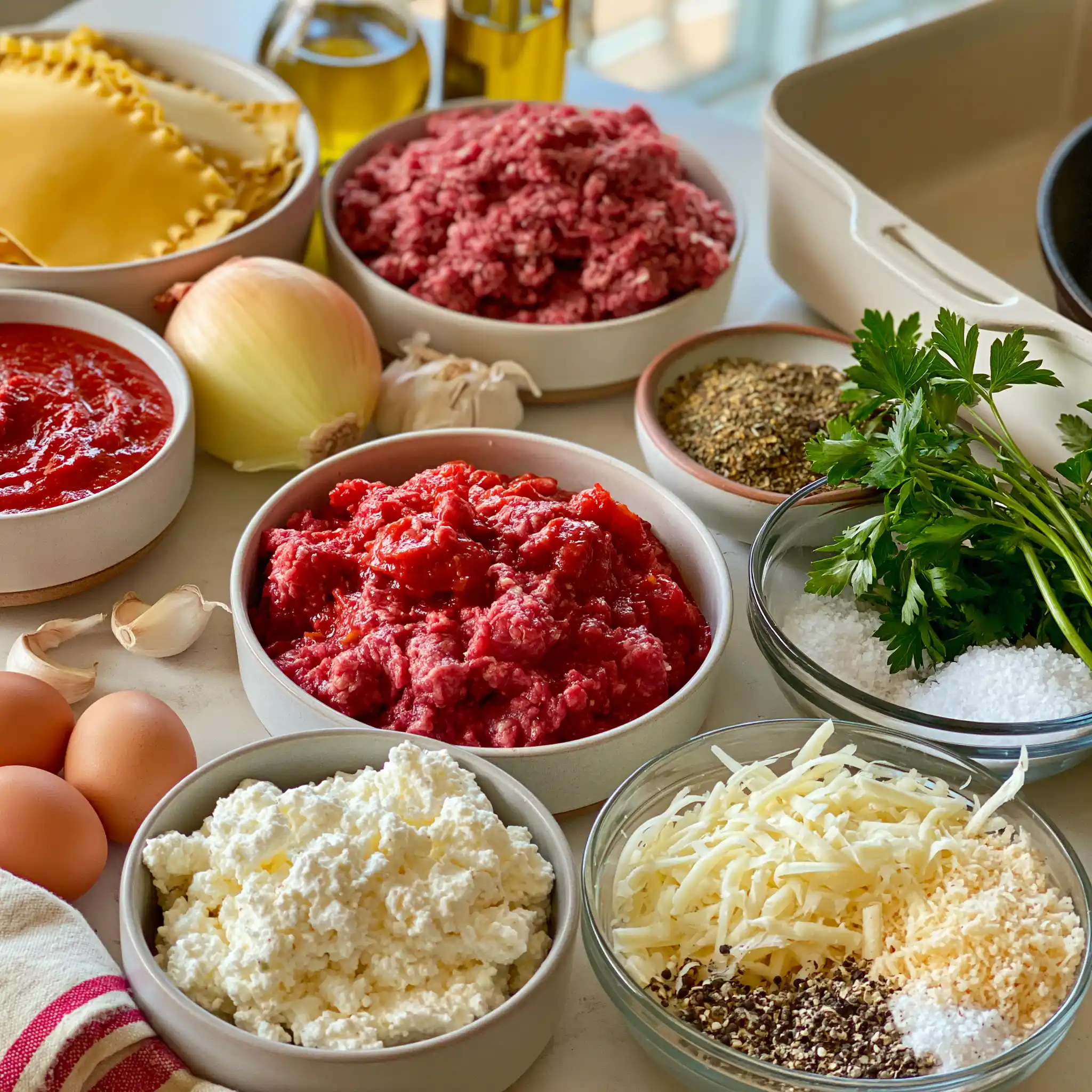 Ground beef, tomatoes, lasagna noodles, ricotta, Parmesan and mozzarella for homemade lasagna
