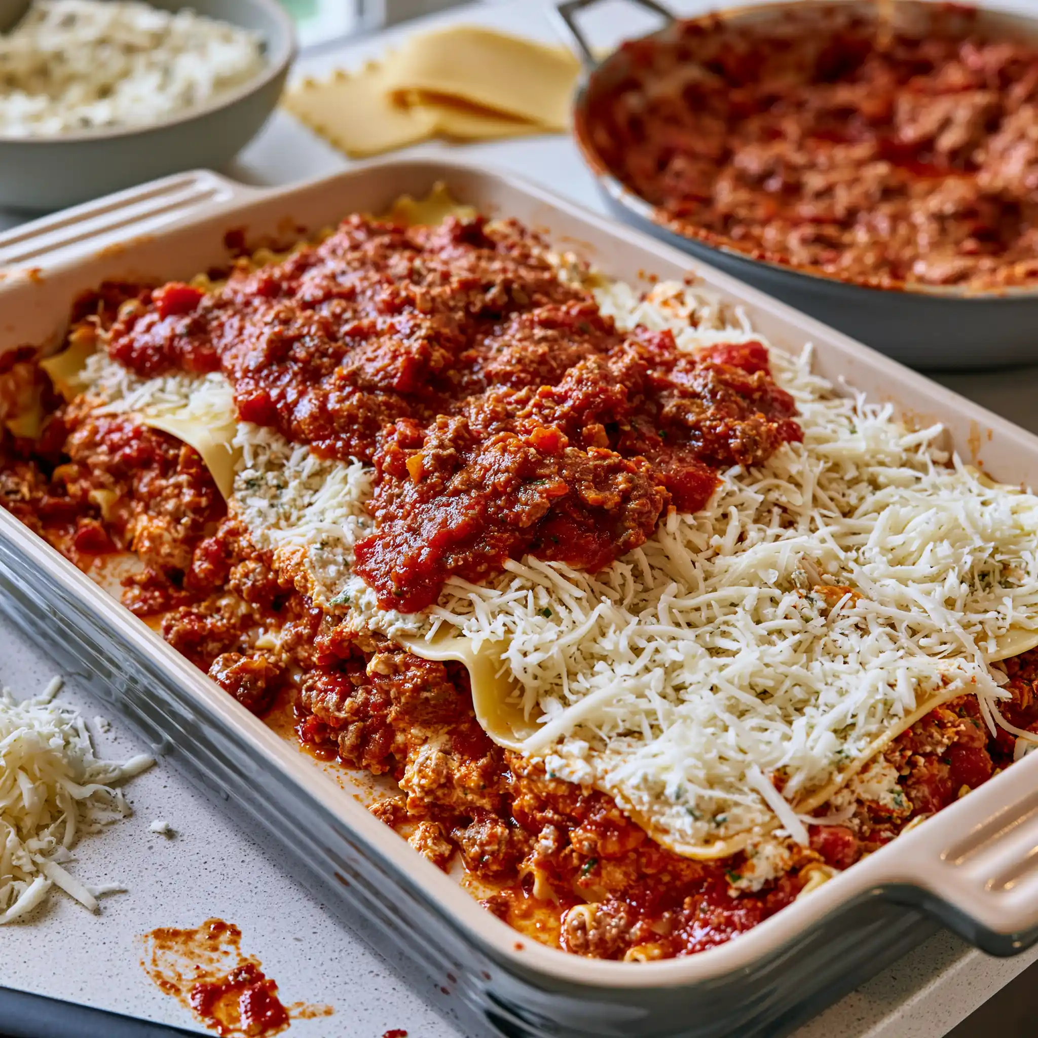 Homemade lasagna being assembled with meat sauce, noodles, ricotta and mozzarella
