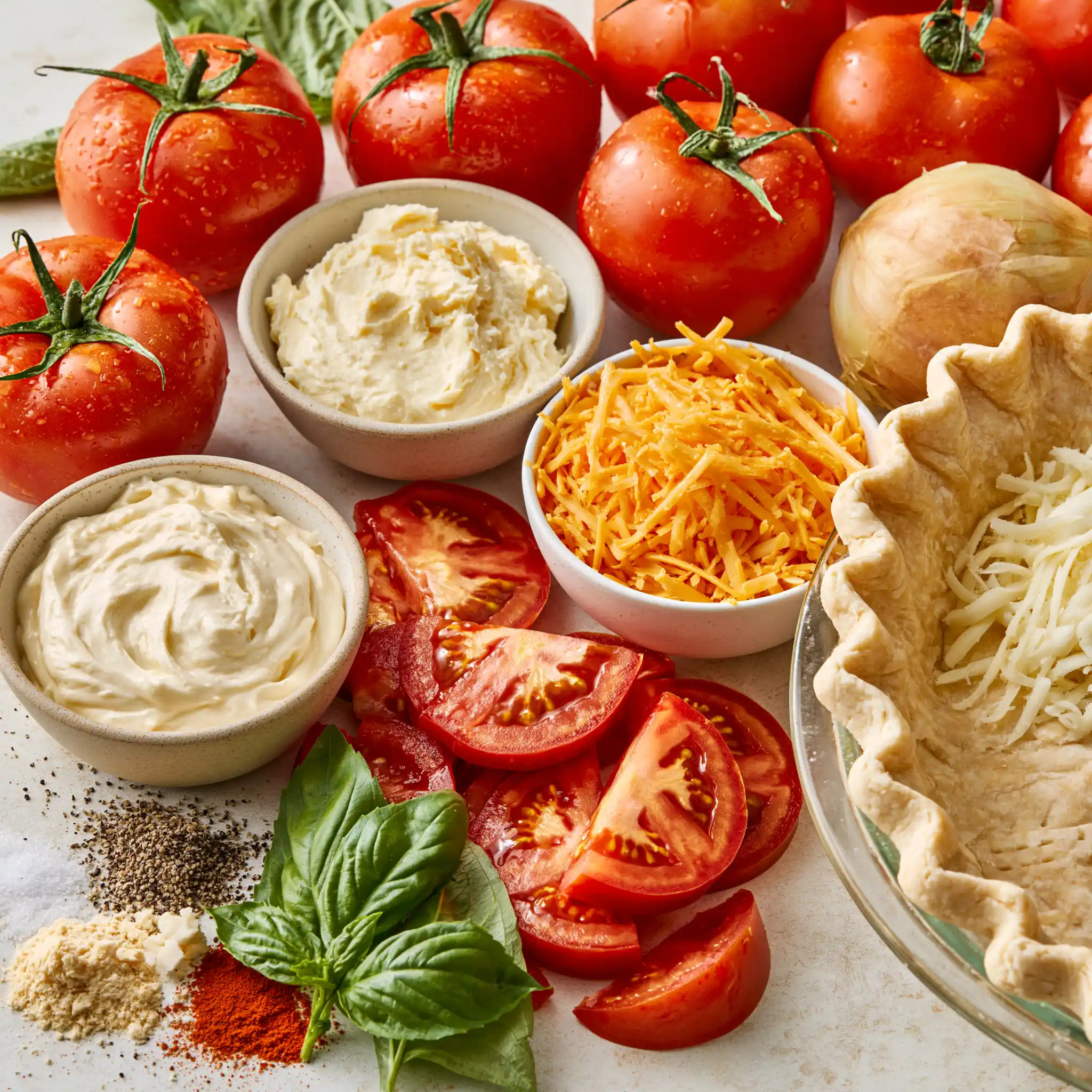Tomatoes, pie crust, cheddar, mozzarella, mayonnaise, basil and green onions for Southern tomato pie