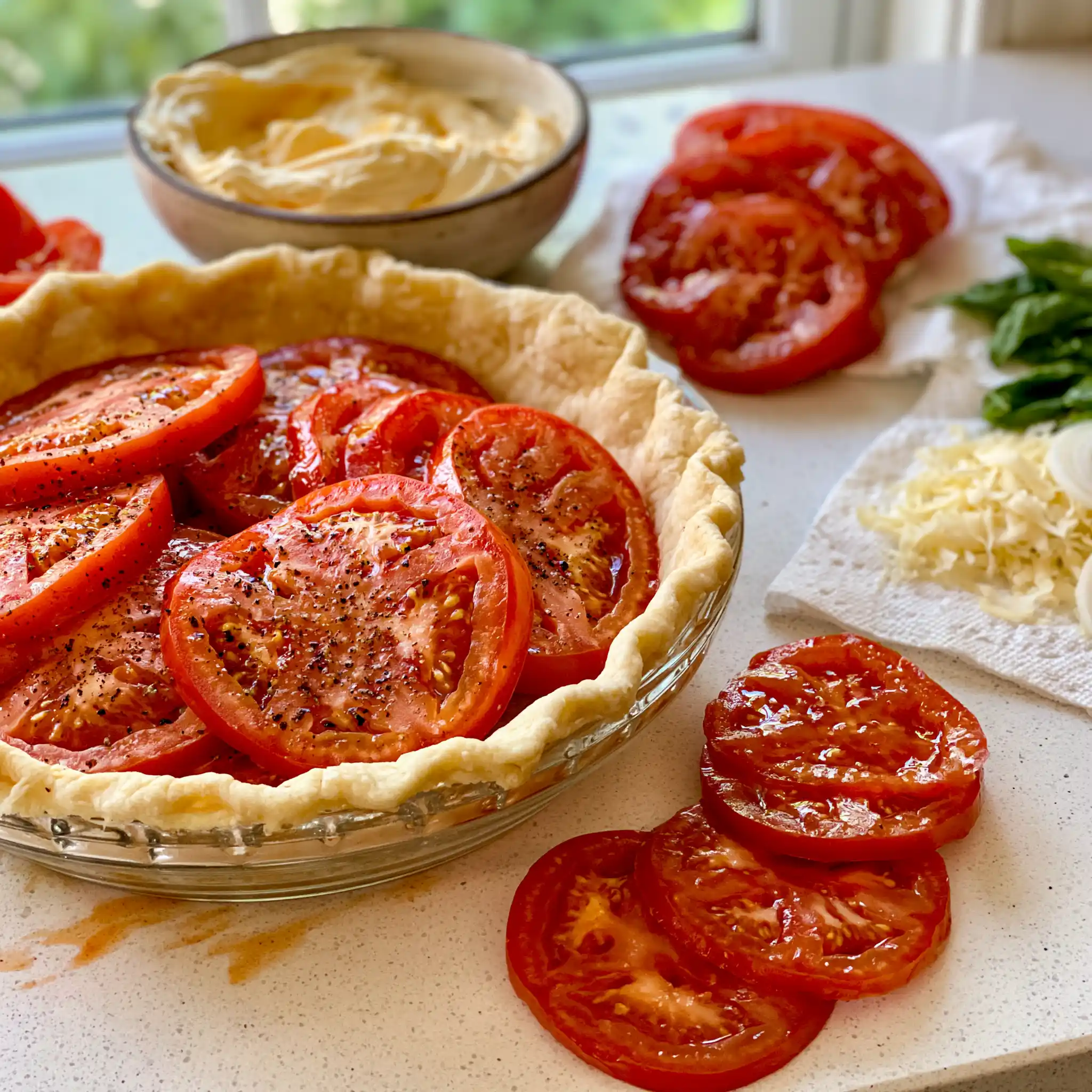 Southern tomato pie being assembled with drained tomato slices, herbs and a prepared pie crust