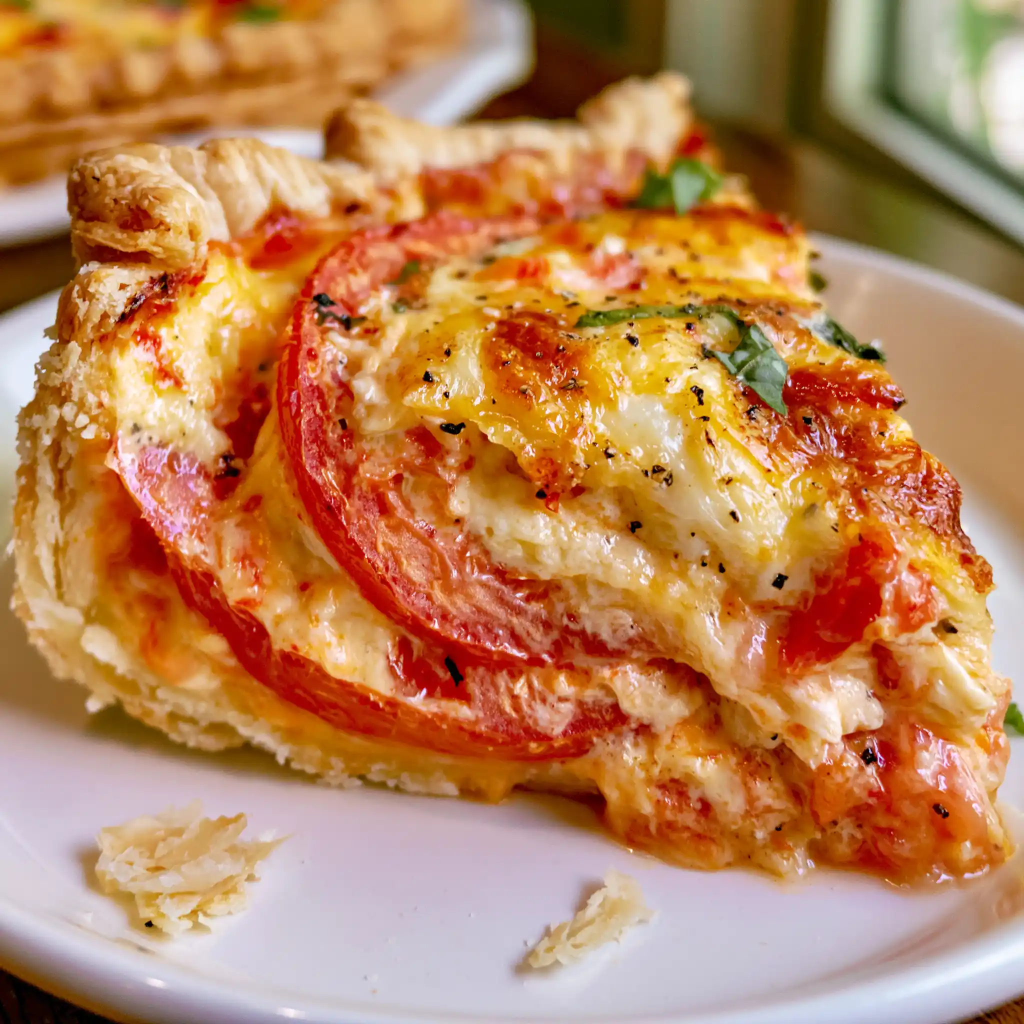Close-up slice of Southern tomato pie with tender tomatoes, melted cheese and flaky crust